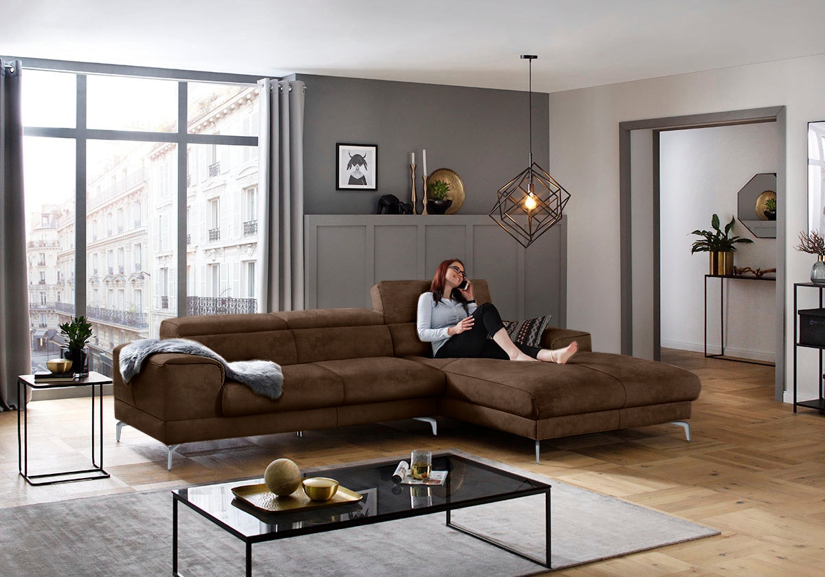 W.SCHILLIG Ecksofa »piedroo, Designsofa mit tollem Sitzkomfort, bequem und elegant, L-Form«, Kopfteilverstellung, wahlweise mit Sitztiefenverstellung, Breite 303cm