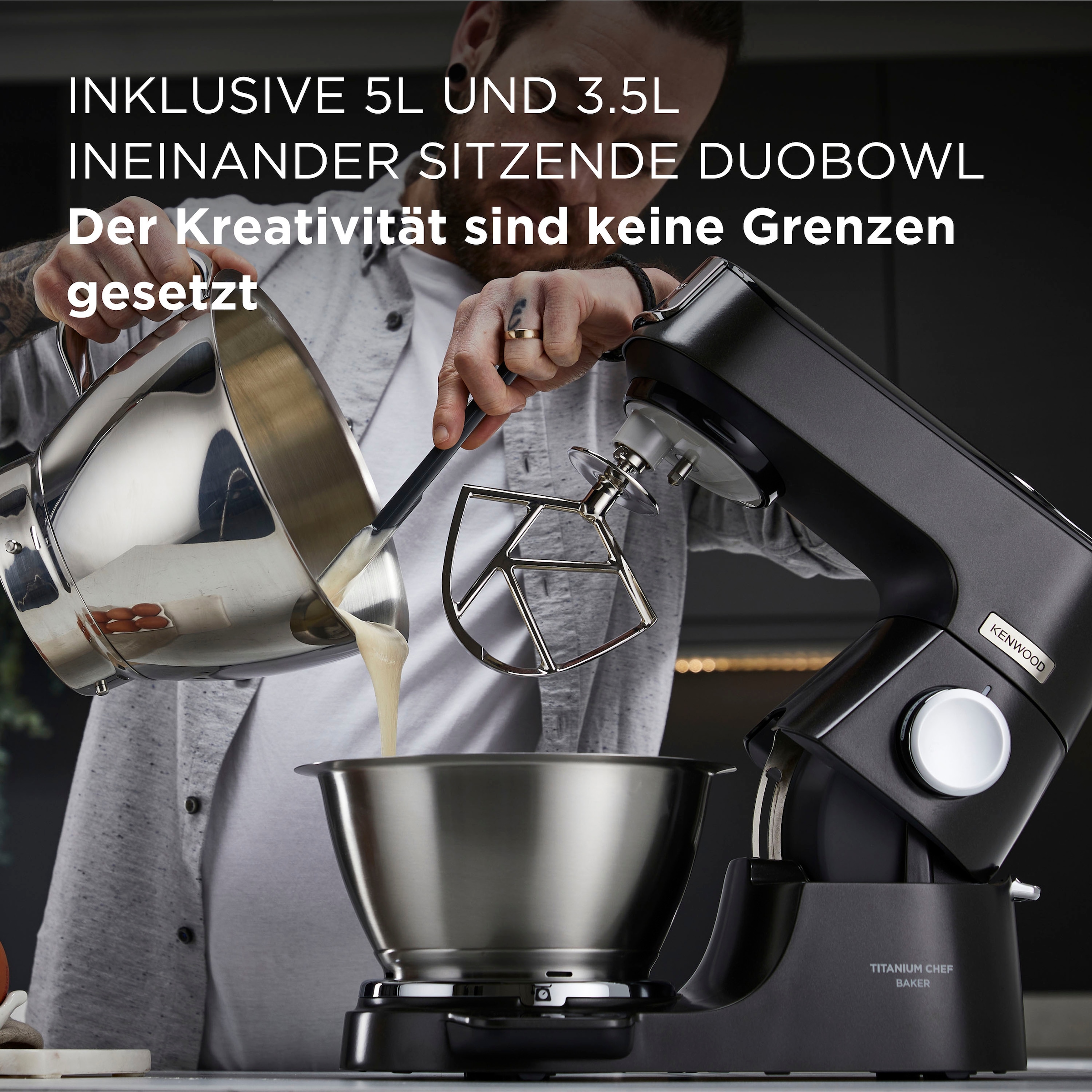 KENWOOD Küchenmaschine 319,- BAUR Mixaufsatz+Schnitzelwerk »Titanium Zubehör | Waage, Wert: + Chef Gratis: KVC85.004BK«, mit UVP Baker