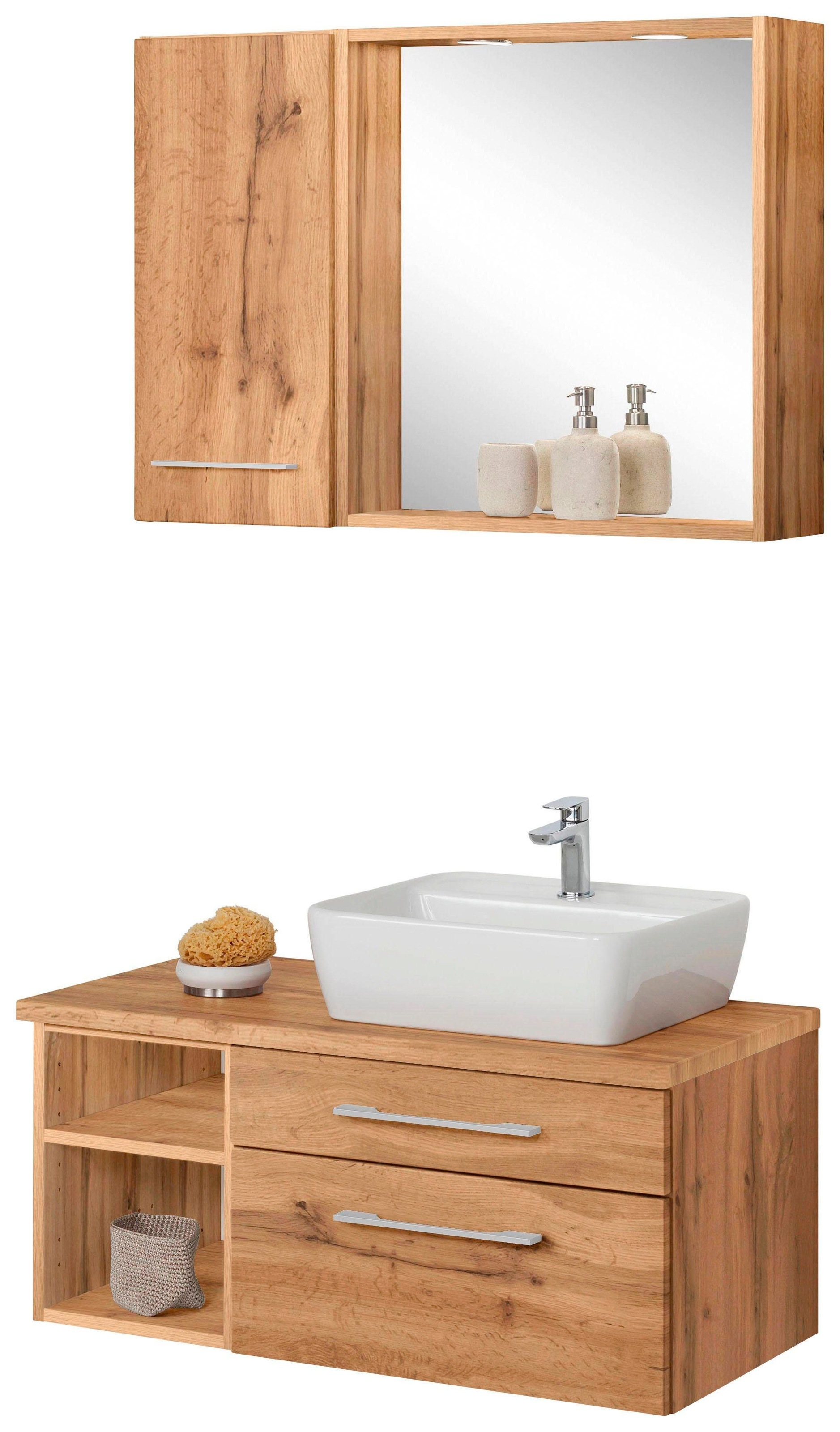 Badmöbel-Set WELLTIME, braun, Kastenmöbel-Sets, "Davos", Waschplatz, Hängeschrank und Bad-Spiegel
