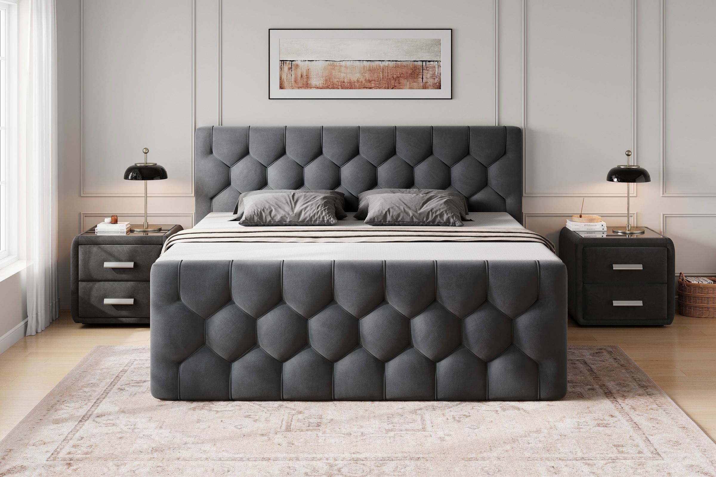 OTTO home Boxbett »BASILL, Polsterbett mit Bettkasten und Taschenfederkernmatratze H3« mit 7cm Komfortschaum-Topper, Samt-Bezug, 180x200cm