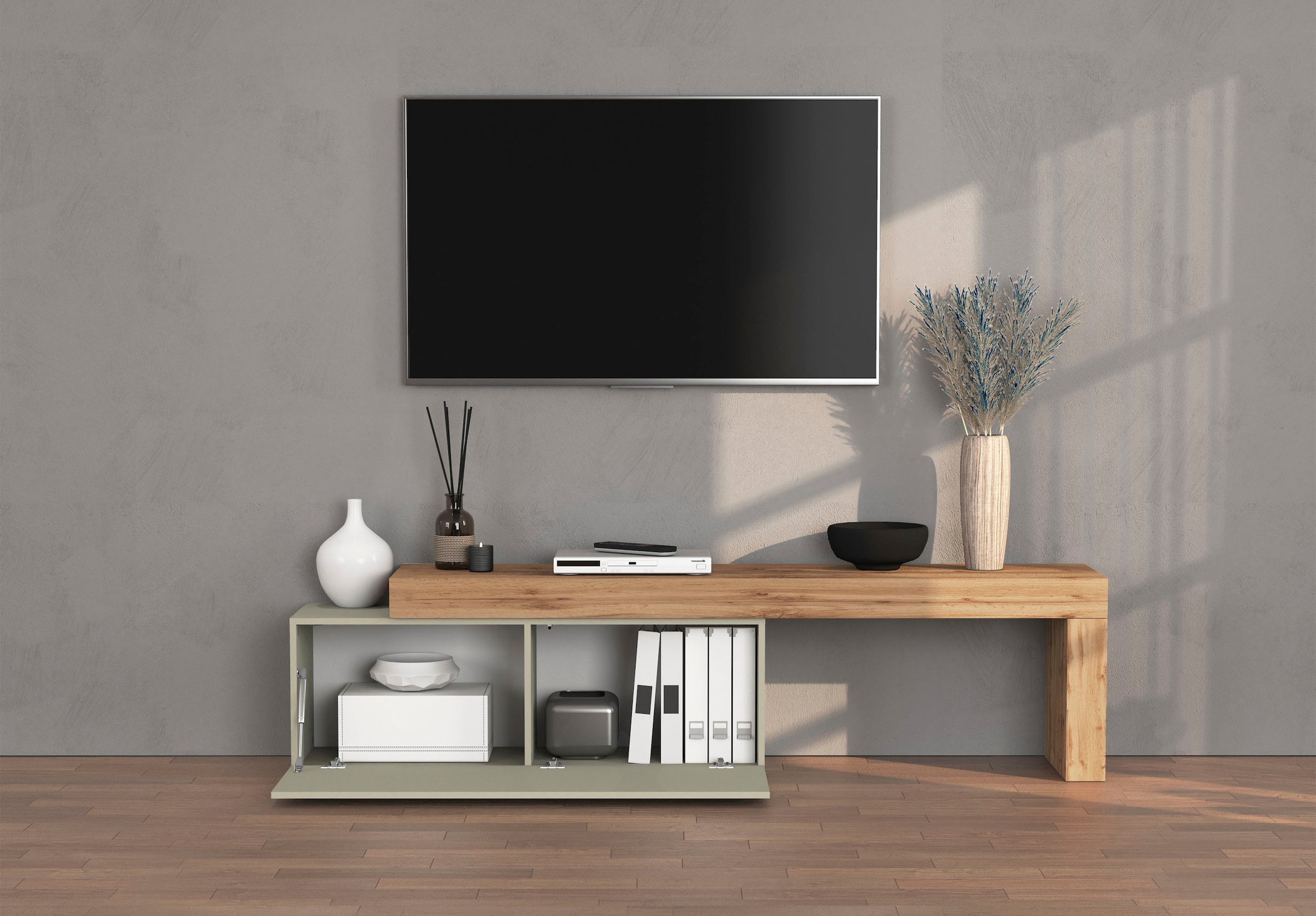 INOSIGN Lowboard »Chronos TV-Board, T-Schrank«, (1 St., Breite verstellbar von 180 bis 290 cm), Breite 240 cm TV-Board,Lowboard,1 Klappe und ein L-Förmiger Aufsatz