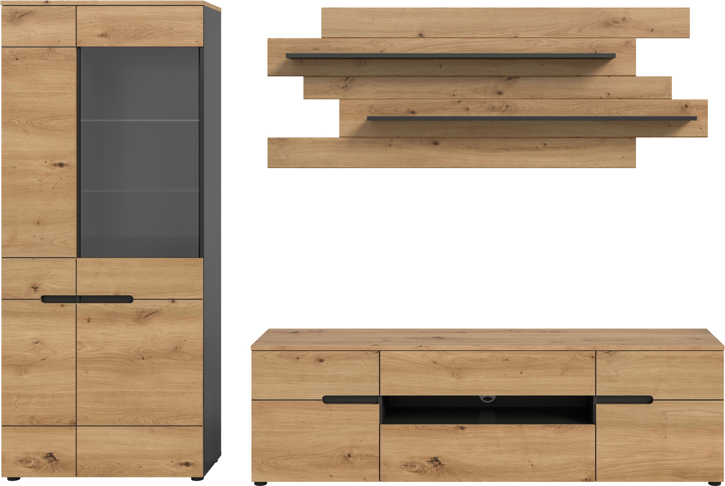INOSIGN Wohnwand »REHAT, TOPSELLER!, 3-teilig, Breite 280 cm, individuell stellbar«, (3 St., Set bestehend aus: Vitrine, Lowboard und Wandboard), Kombination, Anbauwand, Set, Wohn-Set, Wohnzimmer-Set, Schrankwand
