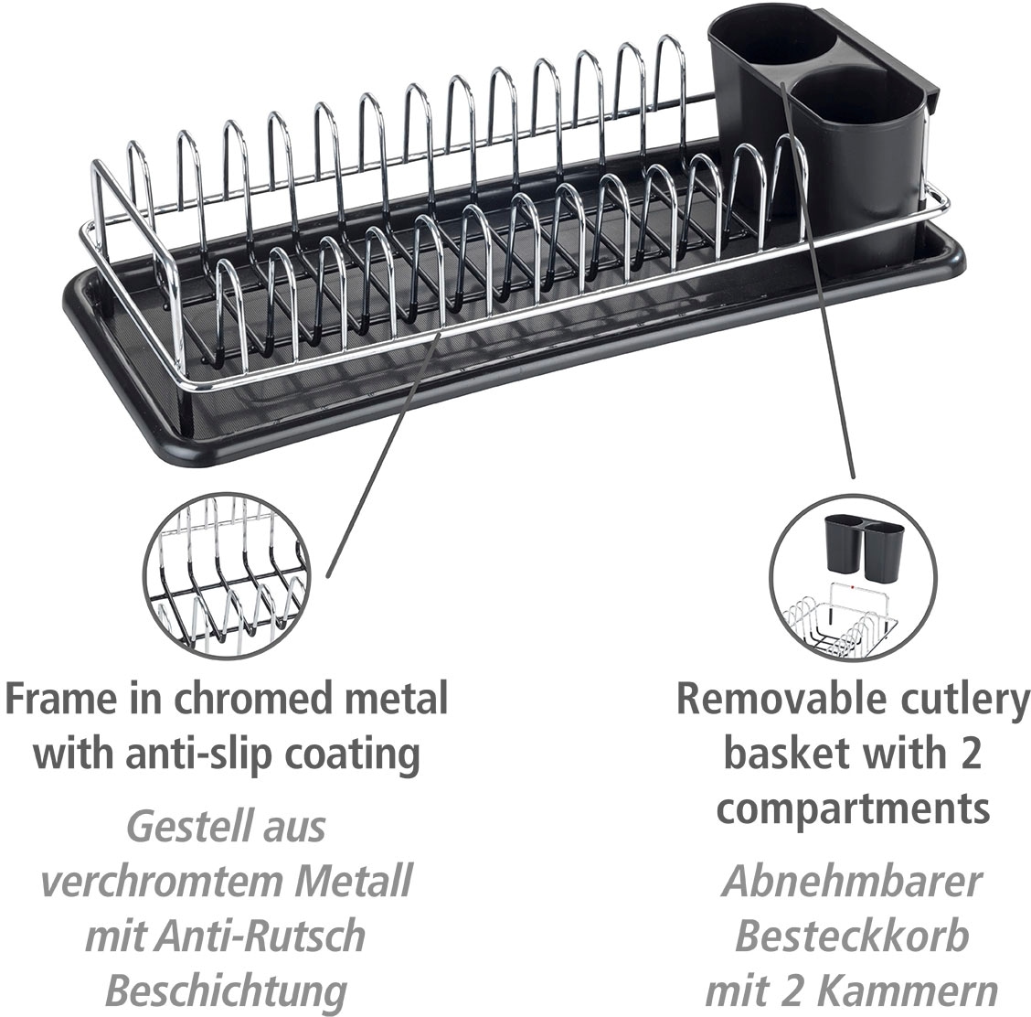 WENKO Geschirrständer »Single«, (1 tlg.), mit abnehmbarem Besteckkorb und Abtropfschale, verchromtes Metall