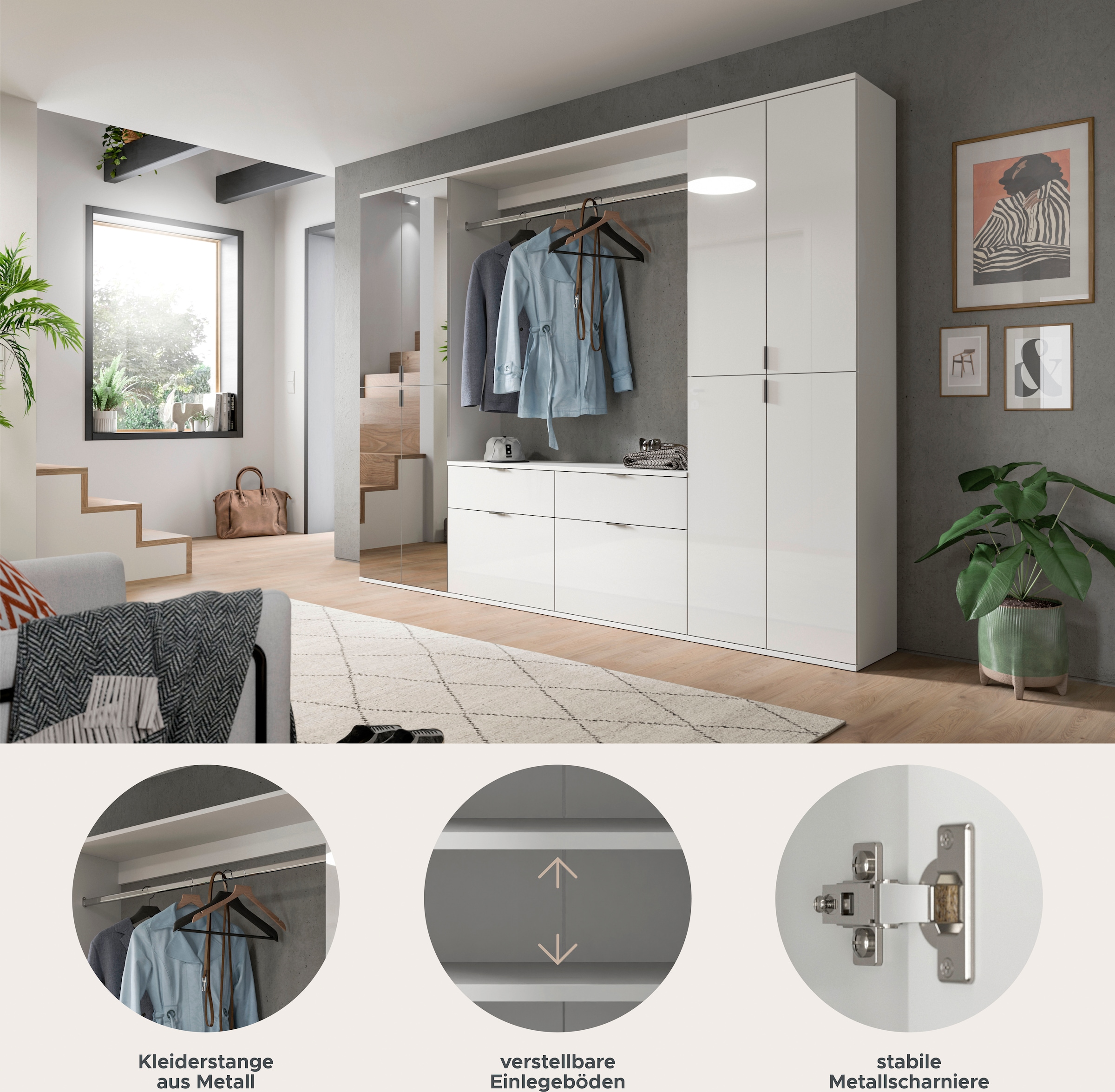 INOSIGN Garderoben-Set »Trondheim, Breite 243 cm, 5-teilig, bestehend aus:«, (Set, 4 St.), 2x Garderobenschrank, 1 Kommode, 1 Garderobenstange, 1 Ablageboden