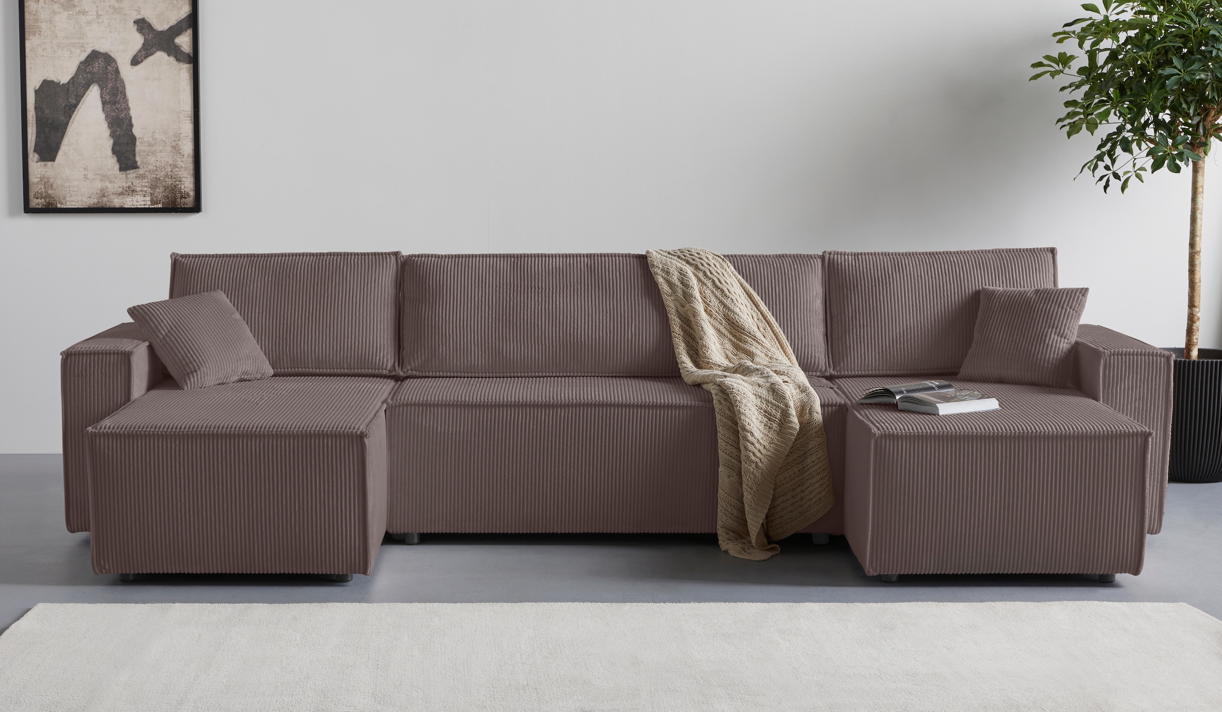 OTTO home Wohnlandschaft »Cassi, 311 cm, U-Form, Schlafsofa, Dauerschläfer, Boxspringfederung«, Schlaffunktion m. Bettkasten (Cord-Bezug