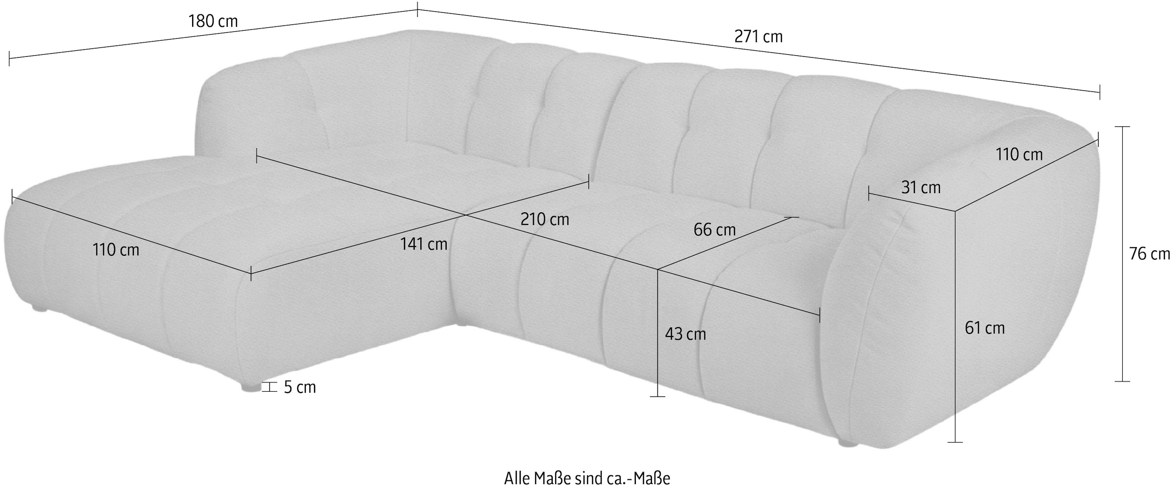 OTTO home Ecksofa »Gerron, Struktur-Chenille-Stoff mit Mélange-Effekt« Breite 271 cm, L-Form, vertikale Steppung, organische Rundungen