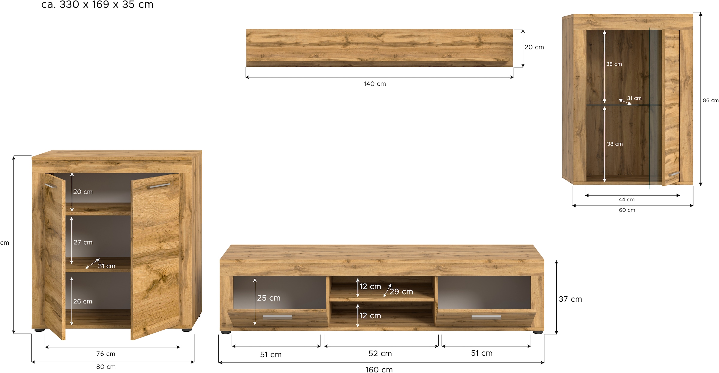 INOSIGN Wohnwand »Aosta, 4-tlg., best. aus: Highboard, Lowboard, Wandboard & Vitrine«, (4 St.), Wohnwand, Kombination, Anbauwand, Möbel Set, Schrankwand, Möbel Kombi