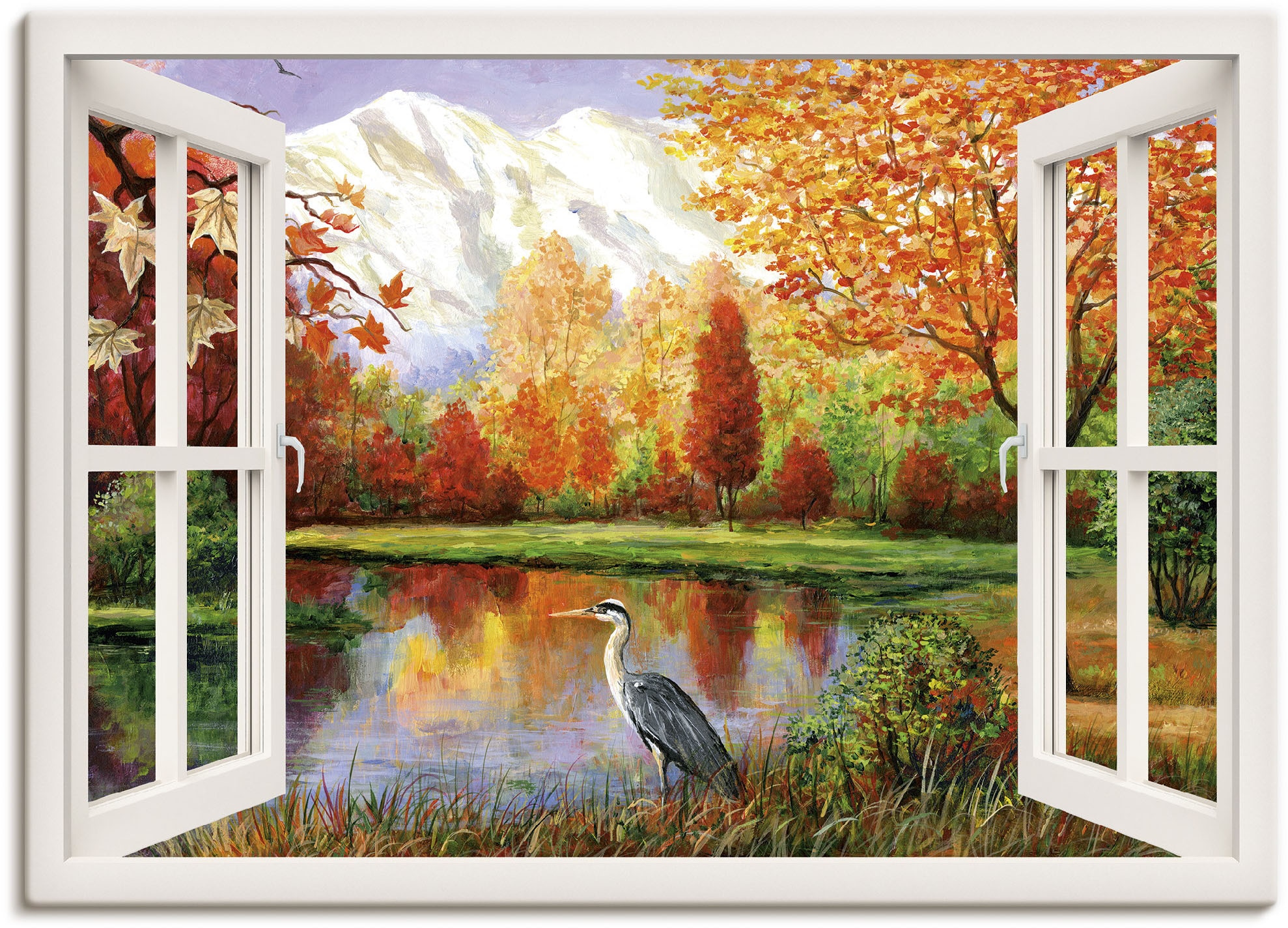 Wandbild »Herbst am See«, Fensterblick, (1 St.), als Leinwandbild, Wandaufkleber in...