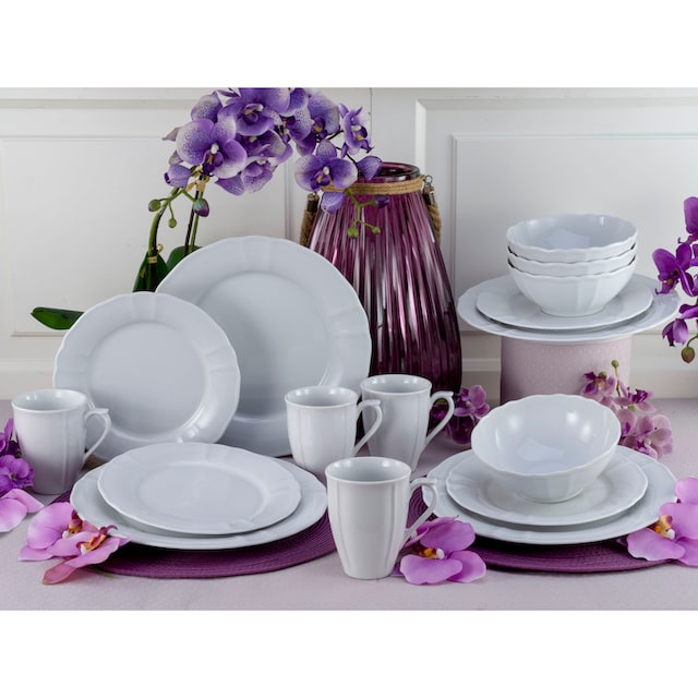 CreaTable Kombiservice »Geschirr-Set Flora«, (Set, 16 tlg., Kaffeeservice  und Tafelservice im Set, für 4 Personen), Service weiß, klassische Form im  Landhausstil 16 Teile, für 4 Personen | BAUR