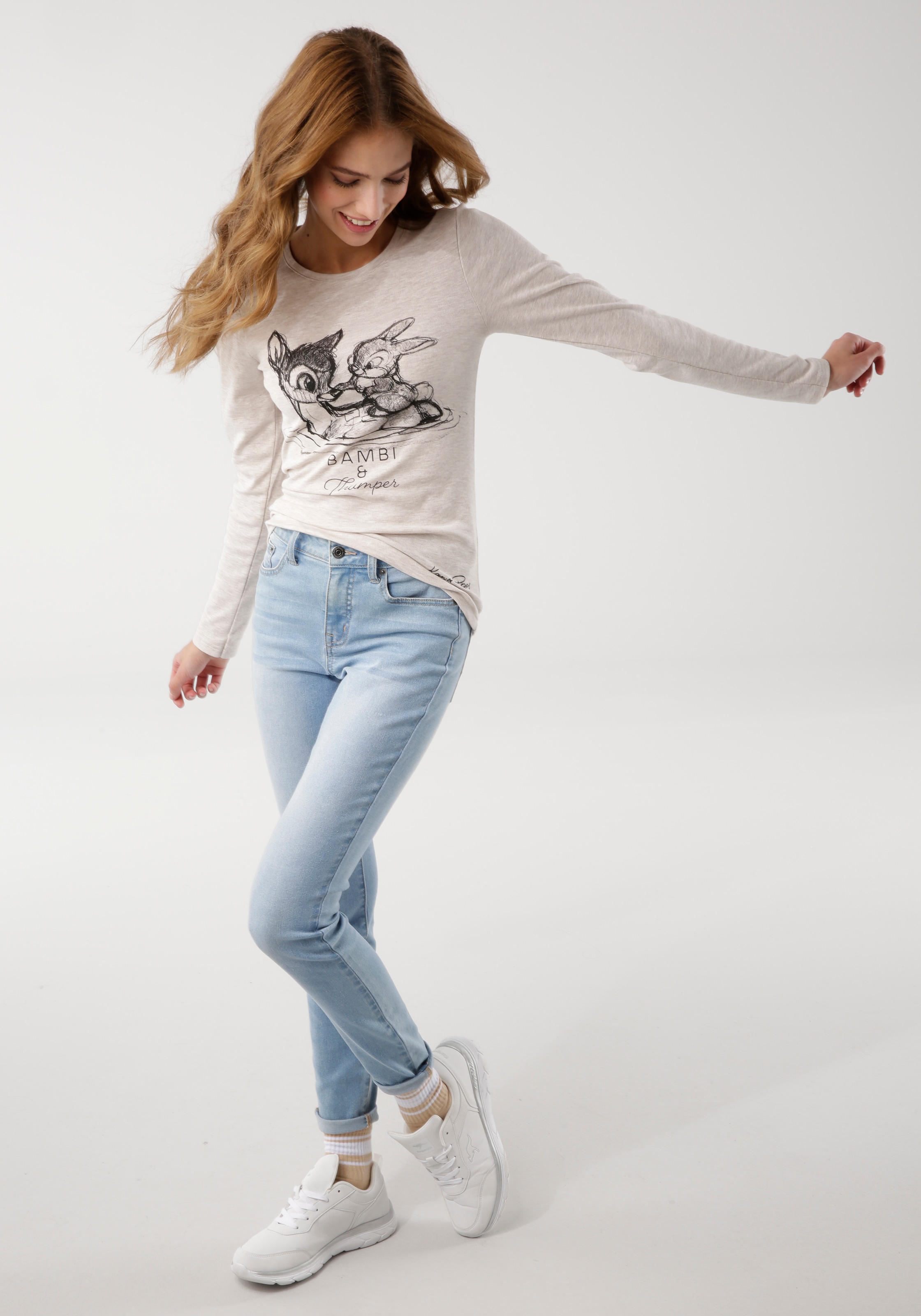 KangaROOS Langarmshirt »Bambi & Klopfer«, Langarm, sehr figurbetont, unifarben, Rundhalsausschnitt