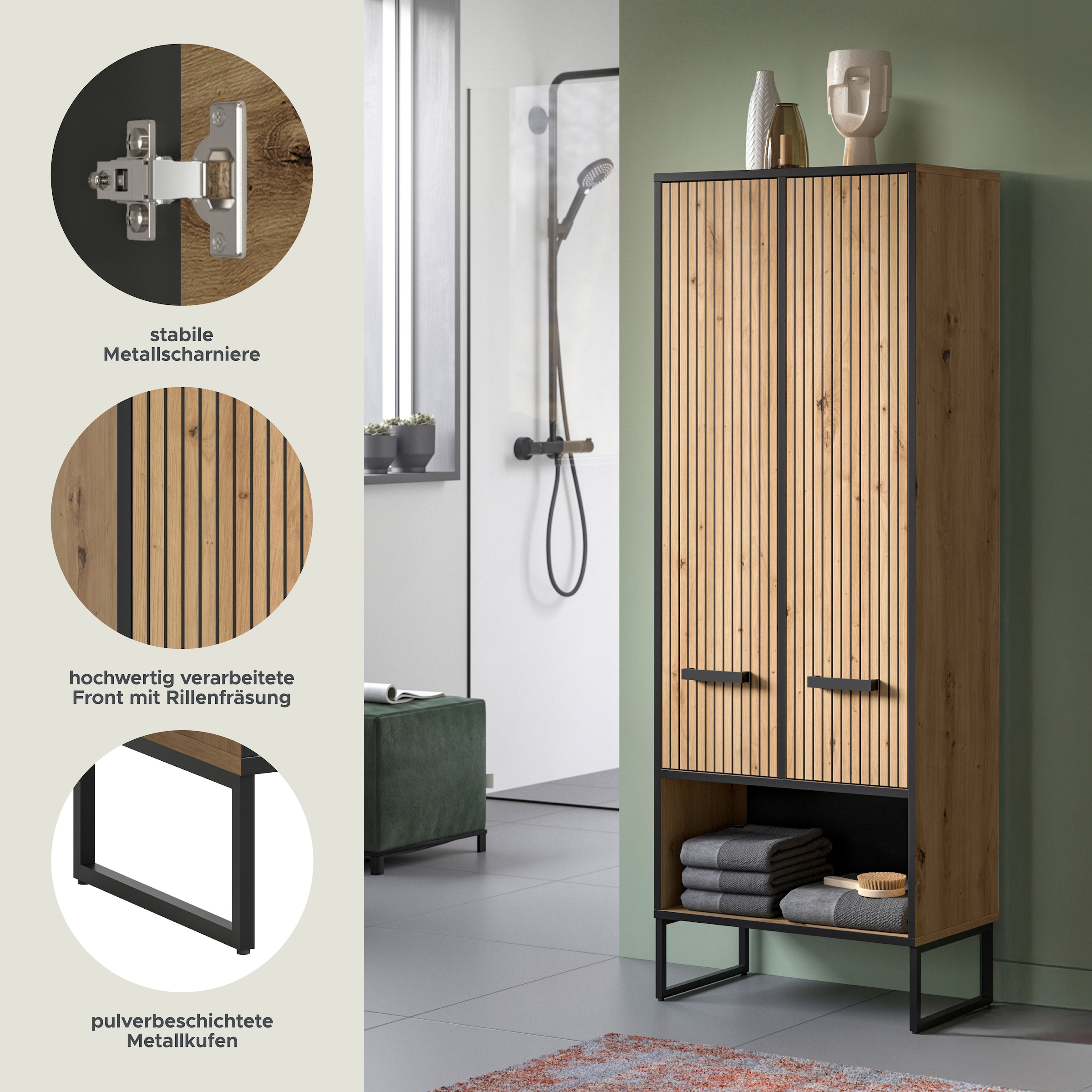 welltime Hochschrank »LOCRI, Höhe 159 cm, 2 Türen, 6 Einlegeböden, 1 offenes Fach« industrial Look mit Rillenoptik & Metall Kufen, 1 Stk. tlg. variable Einlegeböden, modernes Design, Badschrank, Bad