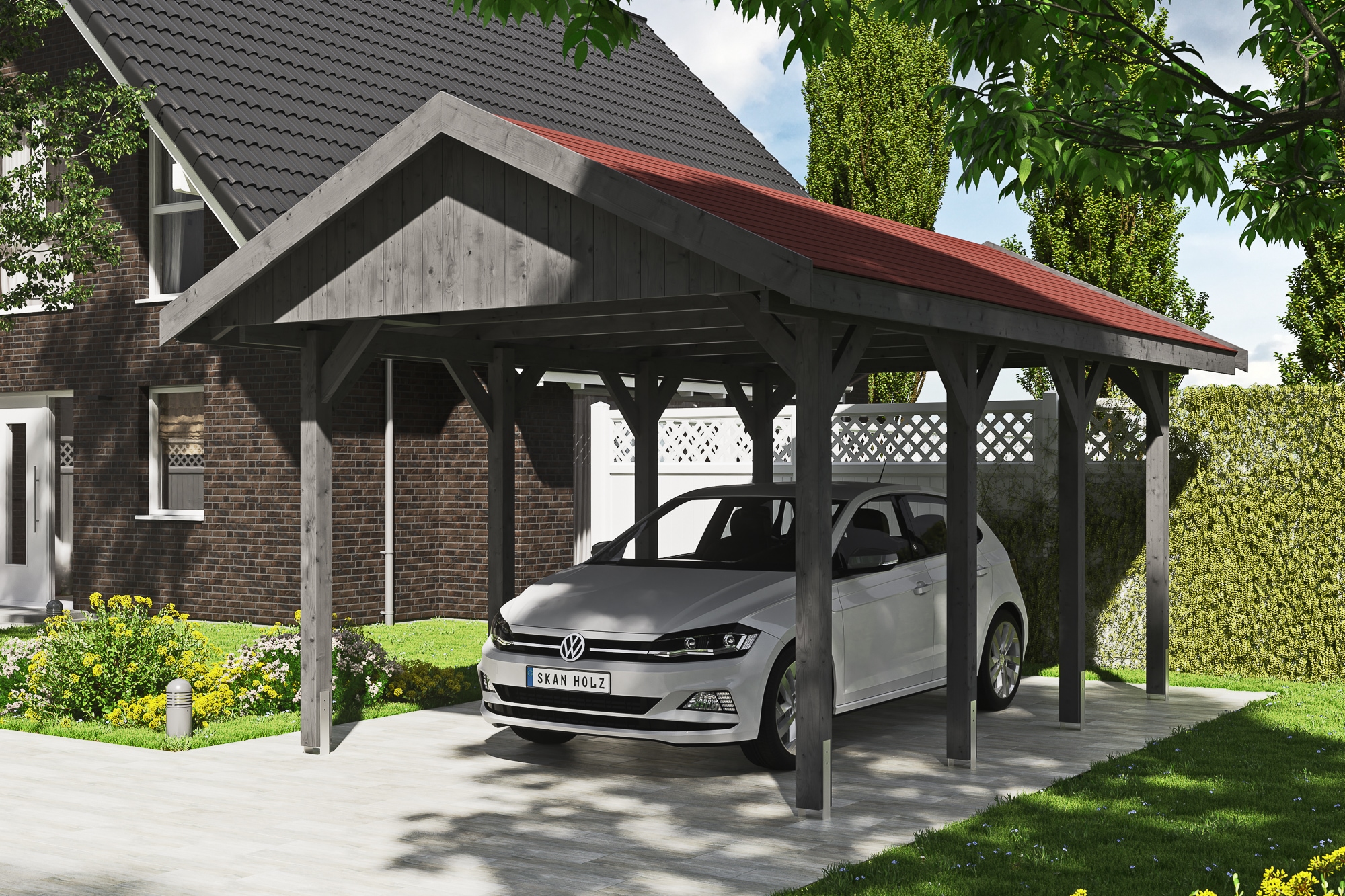 Skanholz Einzelcarport »Wallgau«, Nadelholz, 291 cm, Schiefergrau, mit roten Dachschindeln