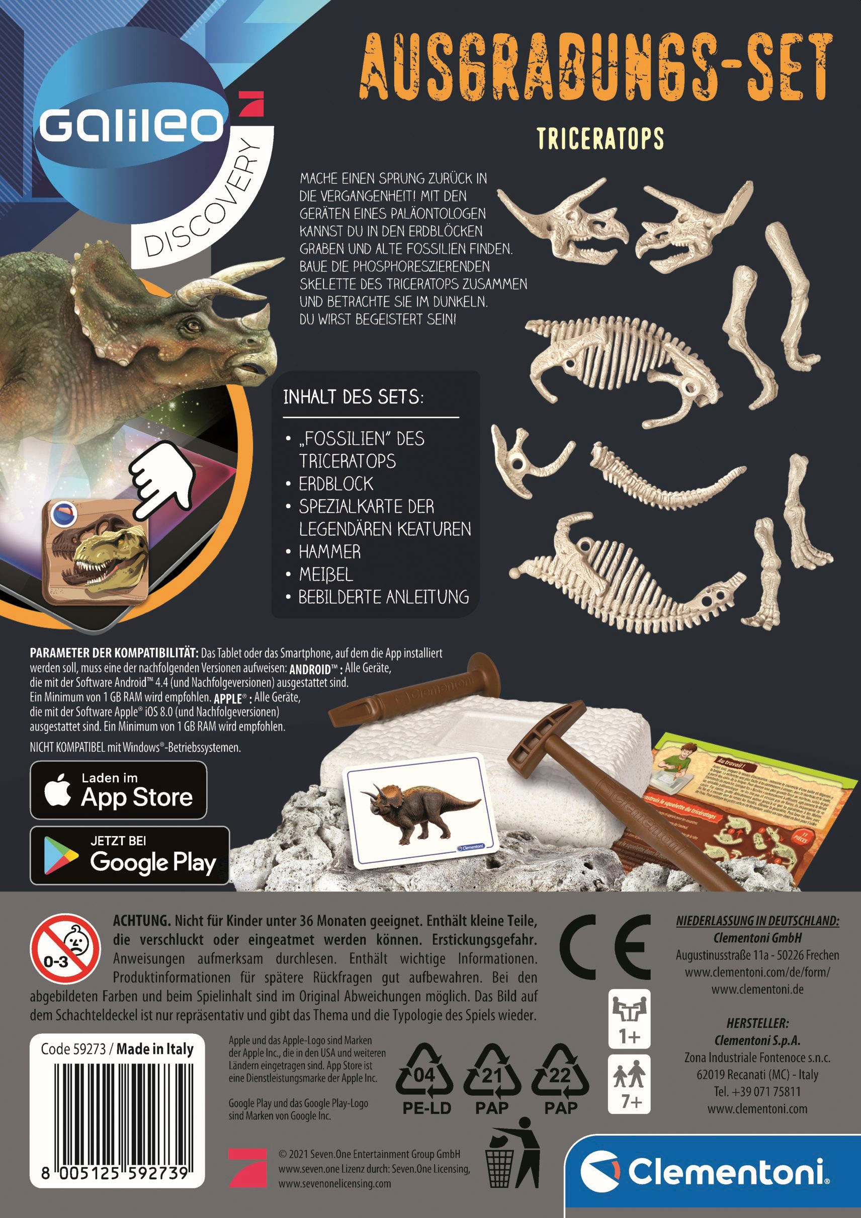 Clementoni® Experimentierkasten »Galileo, Ausgrabungs-Set Triceratops«, Made in Europe
