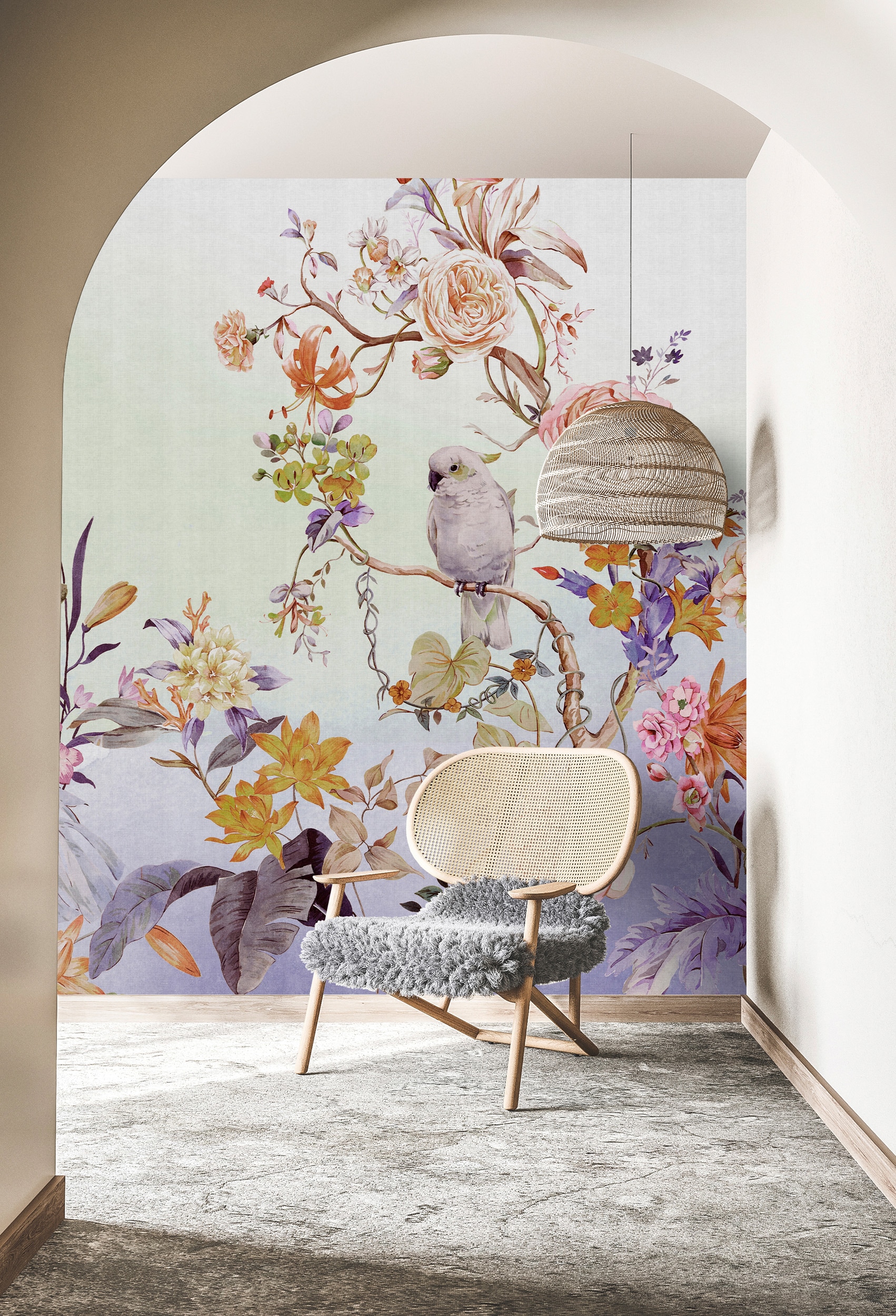 Vliestapete LIVING WALLS "Florale Vogel-Tapete Pastell Rosa Lila Romantisch", violett, B:2,7m H:0,02m L:2m, Vlies, Tapeten - B/L: 2,7m x 2m, Rollen: 1