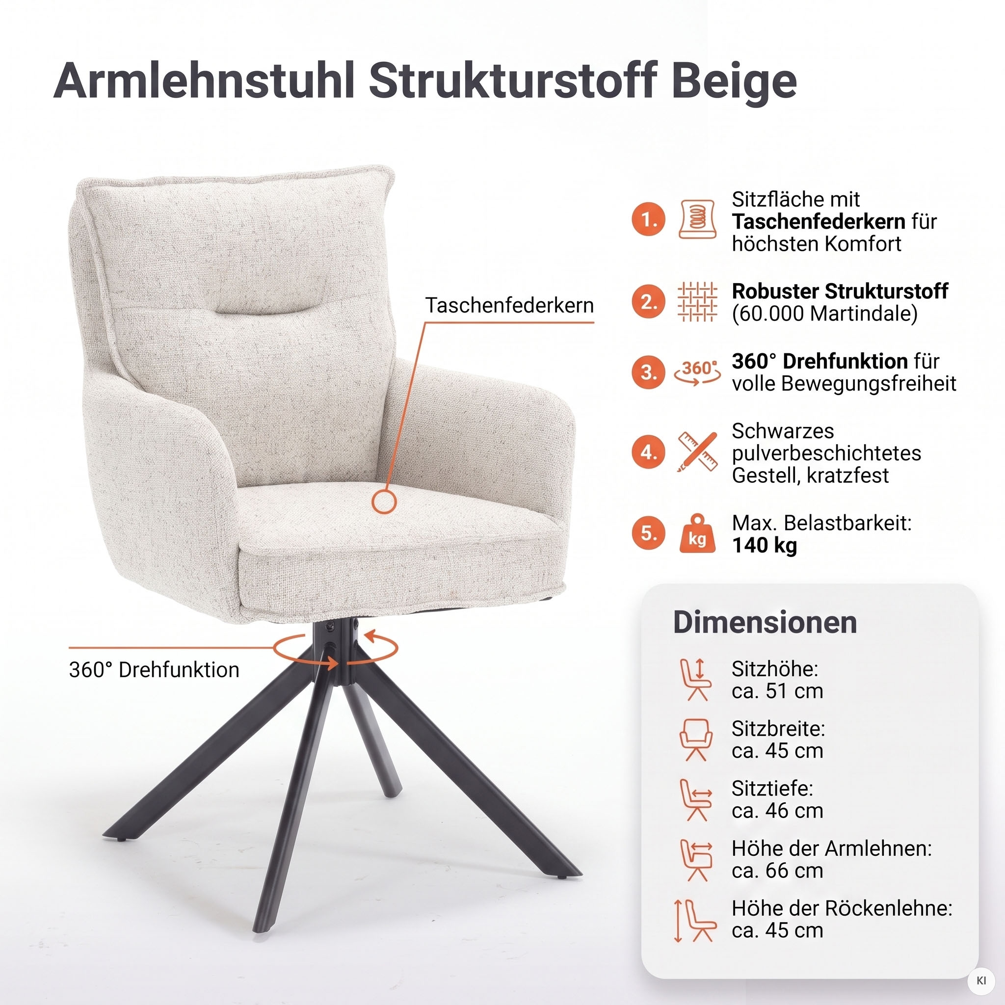 SalesFever Esszimmerstuhl »Austin - Armlehnstuhl mit hochwertiger Taschenfederkern-Polsterung« () 1 Stk.Esszimmersessel: 360° Drehfunktion mit stilvollem Metallfuß