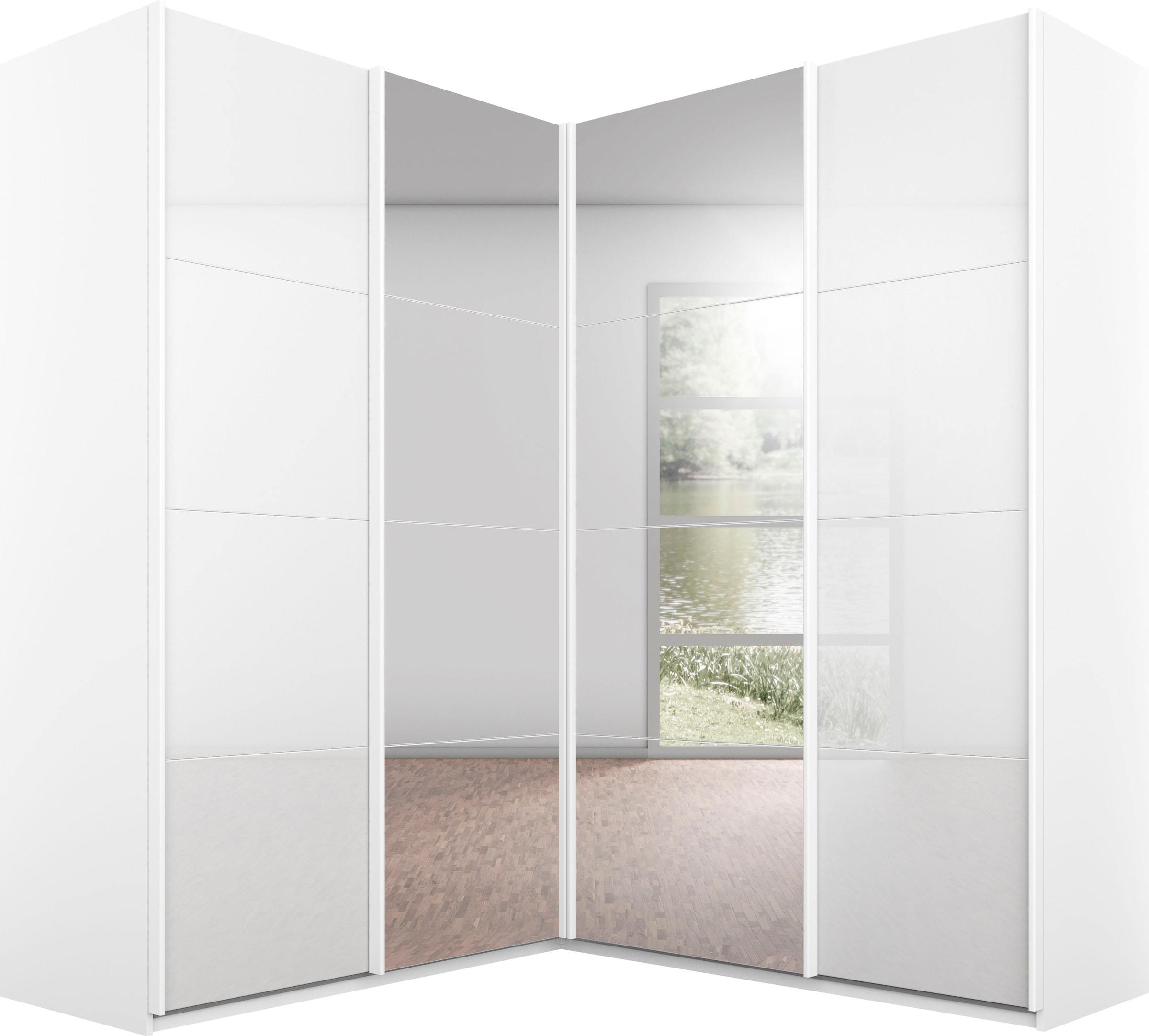 rauch "Schrank Garderobe Eckkleiderschrank QUADRA Front in Dekor/Hochglanz" in den Höhen 210/229 cm, inkl. Soft-Close-Funktion, großer Eckschrank mit viel Stauraum, Maß 181x187 cm MADE IN GERMANY