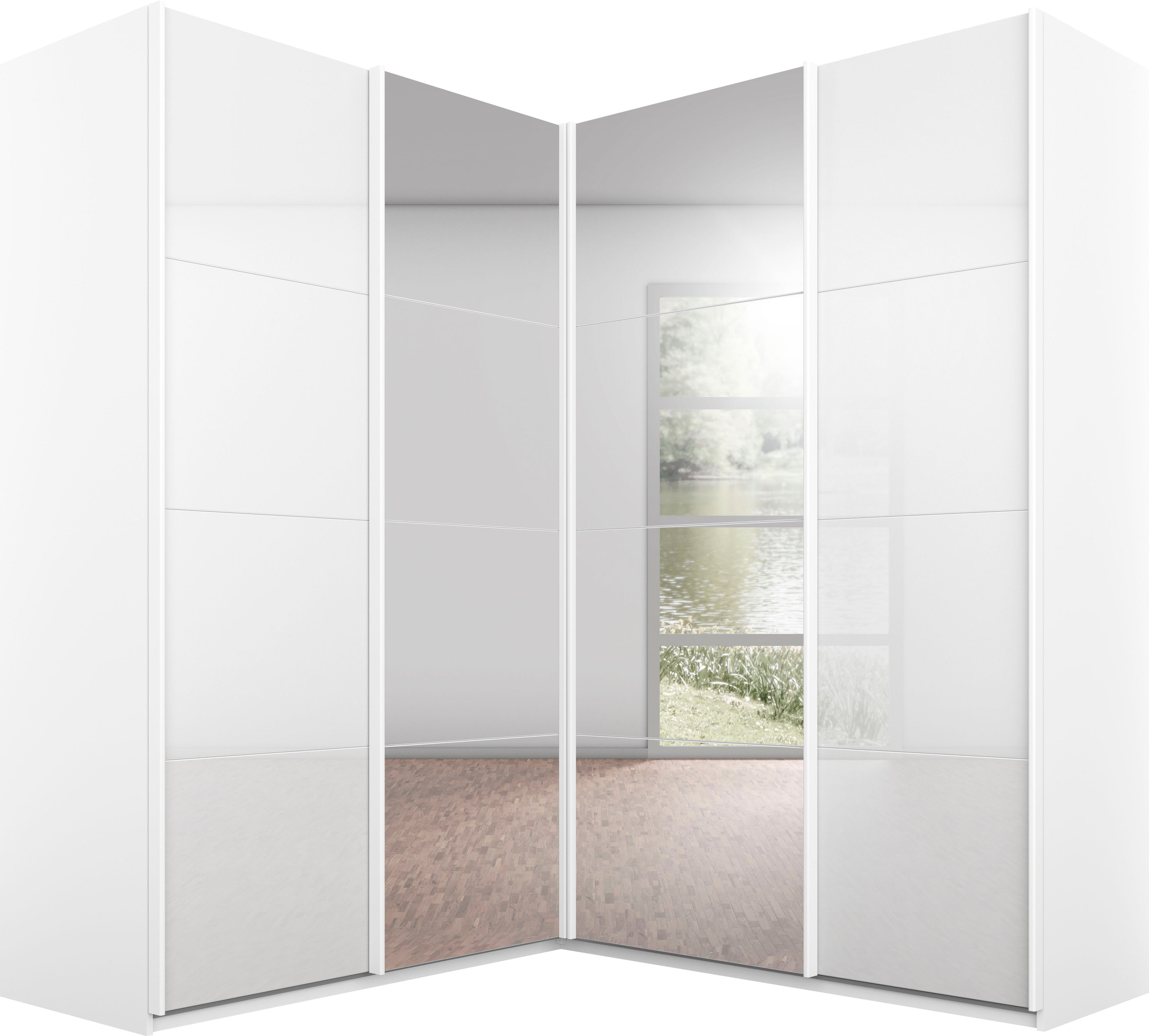 rauch Schwebetürenschrank "Schrank Garderobe Eckkleiderschrank QUADRA Front in Dekor/Hochglanz" Maß 181x187 cm, Höhen 210/229 cm, inkl. Soft-Close-Funktion, extra großer Eckschrank inkl. Schubladeneinsatz MADE IN GERMANY