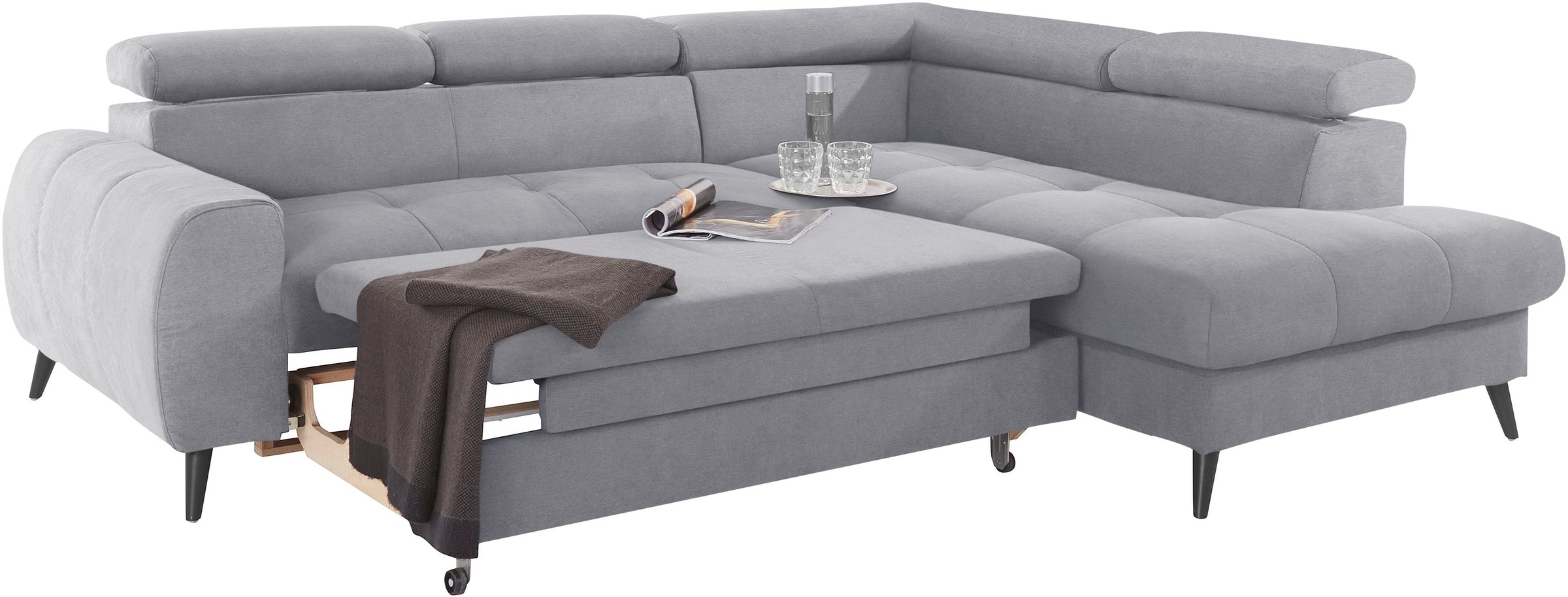 COTTA Ecksofa »Mia L-Form mit 3 Zierkissen«, wahlweise mit Bettfunktion, Bettkasten, Beleuchtung & Wireless-Charger