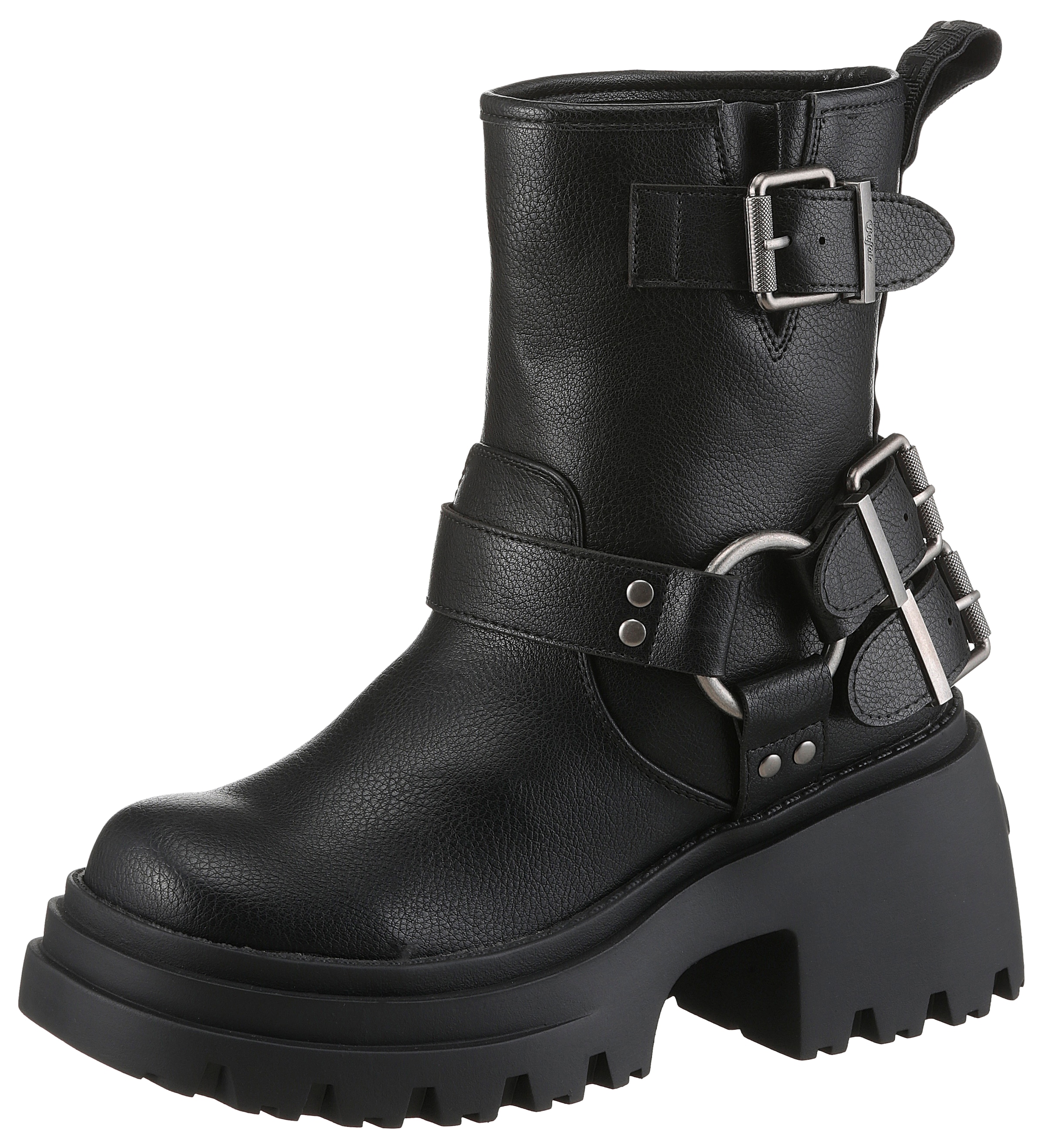 Buffalo Bikerboots "BRAVR BIKER LO", Bikerstiefelette, Plateaustiefelette, Blockabsatz, mit Zierschnallen