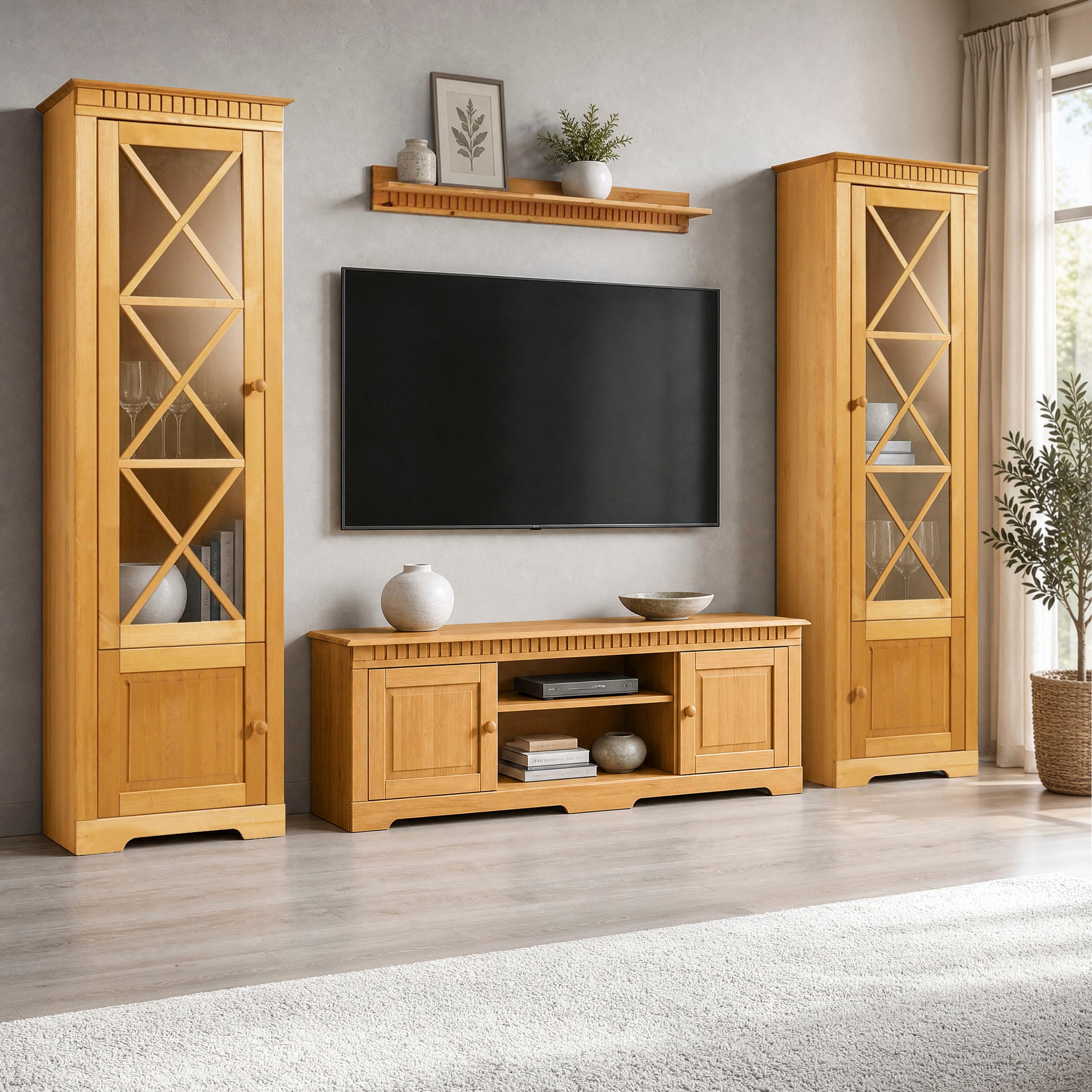 OTTO home Vitrine »Lisa Vitrinenschrank, 2 Türen, eine davon mit Glaseinsatz, Knopfgriffe« aus massivem Kiefernholz, mit einer Glastürfront, dekorative Fräsungen