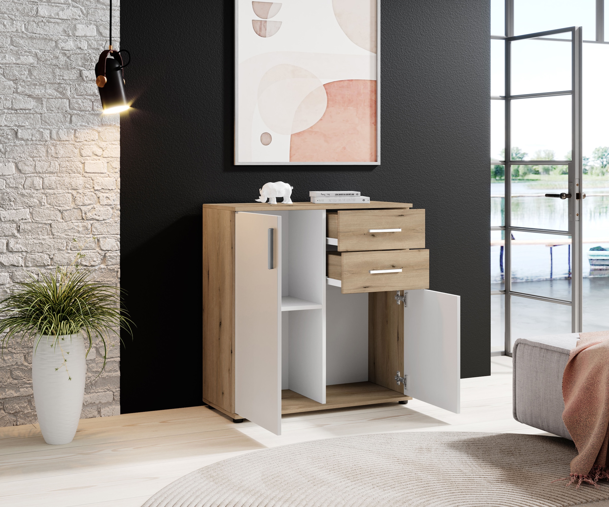 HBZ Kommode »BC-Drift-2, Universalschrank Stellmaß BxHxT 80x84x35 cm«, (1 St.), Kommode mit 2 Türen, 2 Schubkästen, 1 Einlegeboden