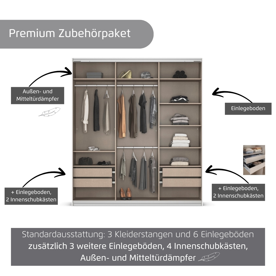 rauch Kleiderschrank »Schwebetürenschrank OTTO´s Choice Garderobe Schrank TOP ANGEBOT Avola«, (in 3 verschiedenen Ausstattungen BASIC/CLASSIC/PREMIUM), mit eleganten Zierleisten in Chrom, Schwarz oder Weiß MADE IN GERMANY