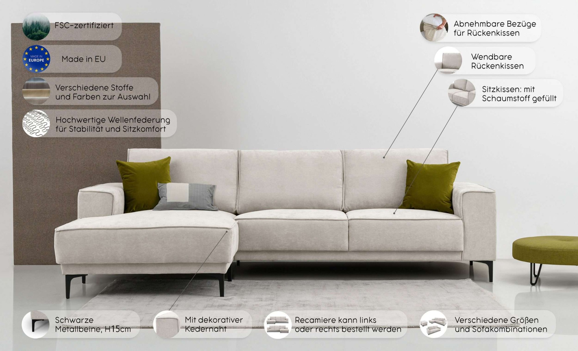 Thumbnail - PLACES OF STYLE Ecksofa "Polsterecke Oland, Struktur, Flachgewebe, Luxus-Microfaser, Boucle" L-Form, 280 cm, Wellenunter...