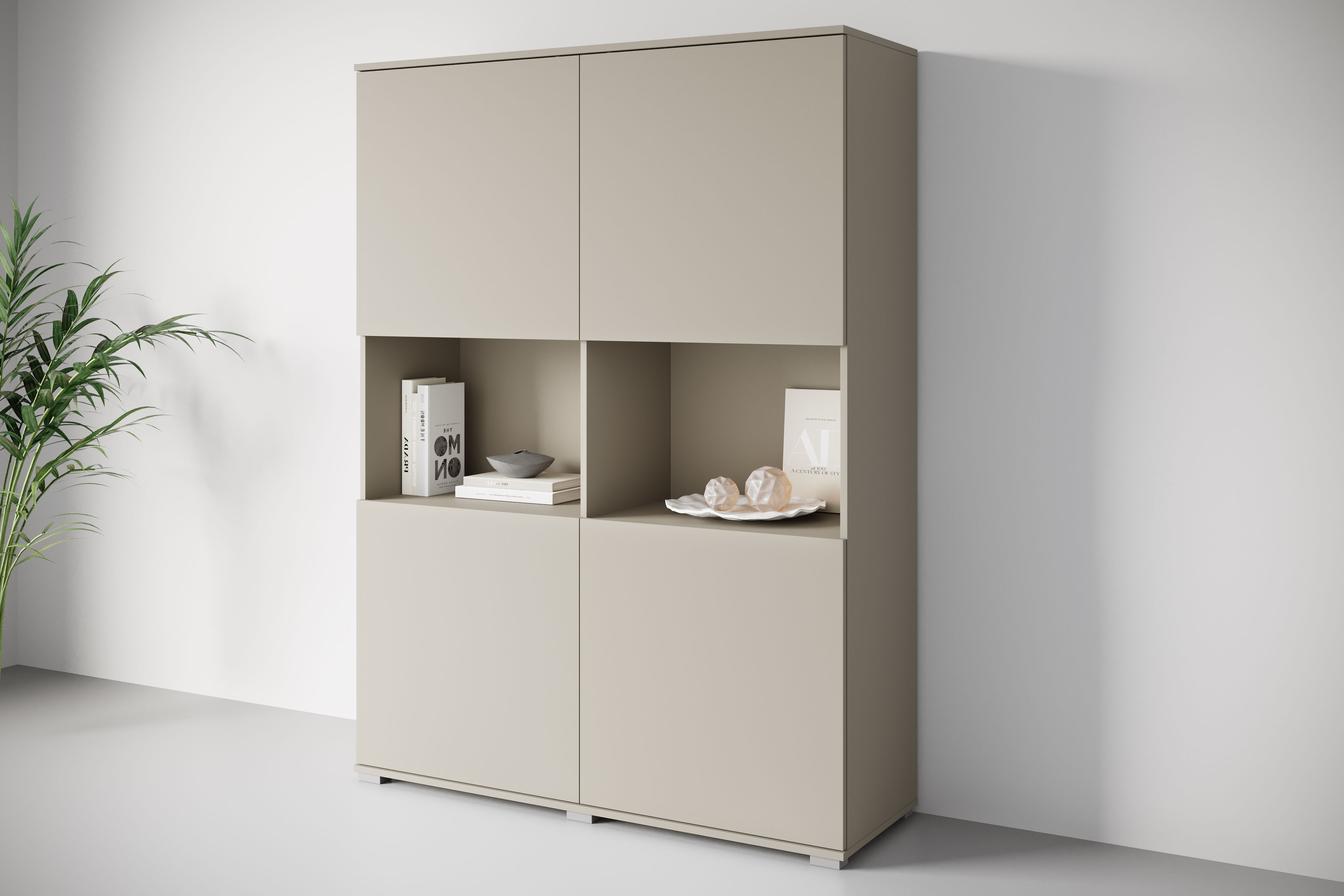 OTTO home Highboard "Kenia Schrank, 120 cm breit, mit 4 Türen und 2 offenen Fächern" 1 Stk. tlg. Griffloses Design mit Push-to-Open und verstellbaren Einlegeböden