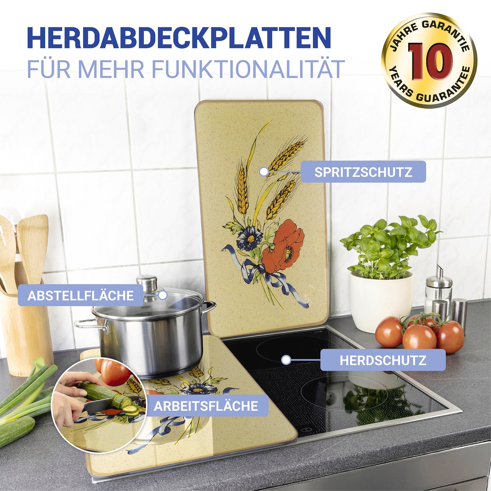 WENKO Herd-Abdeckplatte »Universal Modell Kornblumen«, (Set, 2 tlg.), Herdabdeckung für alle Herdarten, kratzfest, mit rutschfesten Füßen