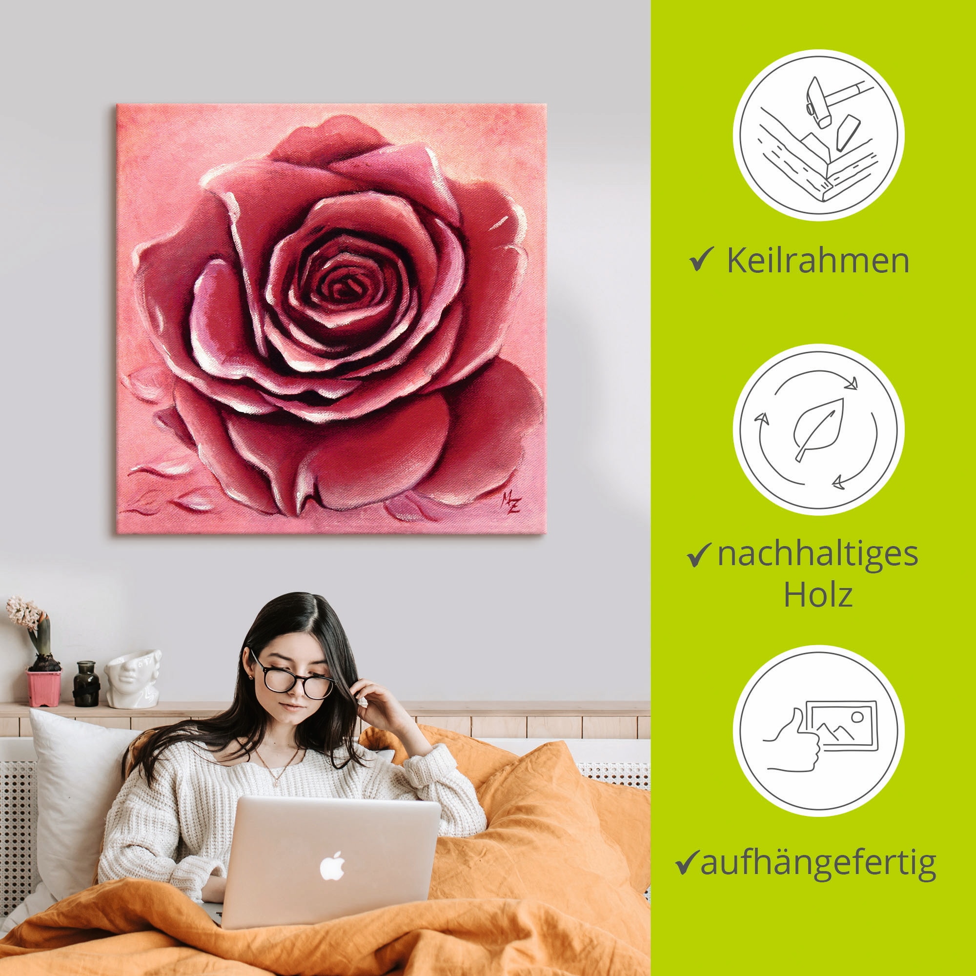 Artland Wandbild »Rote Rose handgemalt«, Blumen, (1 St.), als Alubild, Outdoorbild, Leinwandbild, Wandaufkleber, versch. Größen