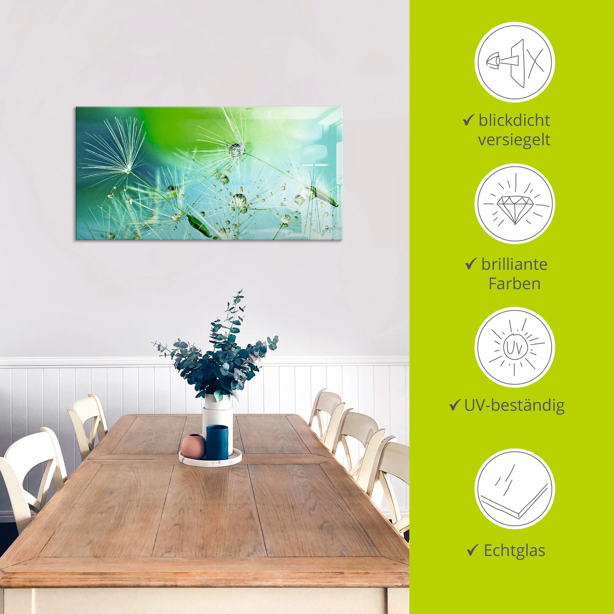 Artland Glasbild »Glitzernde Pustblumen mit Wassertropfen«, Blumen, (1 St.), in verschiedenen Größen