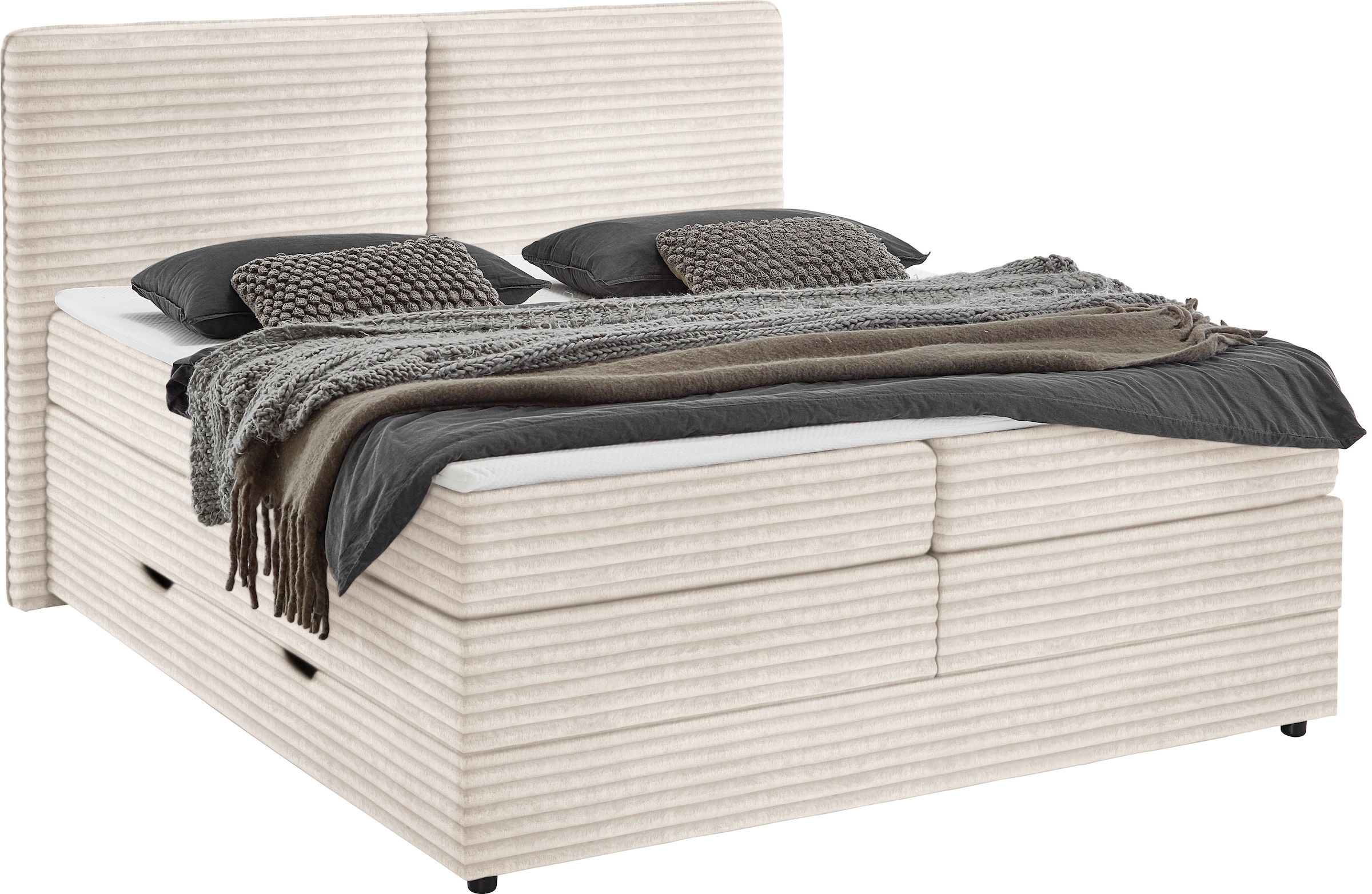Home affaire Boxbett »VÄSTERVIK, Polsterbett mit Bettkasten und Taschenfederkernmatratze H3« mit Topper, kuscheliger Breitcord-Stoff, Liegefläche 180x200cm