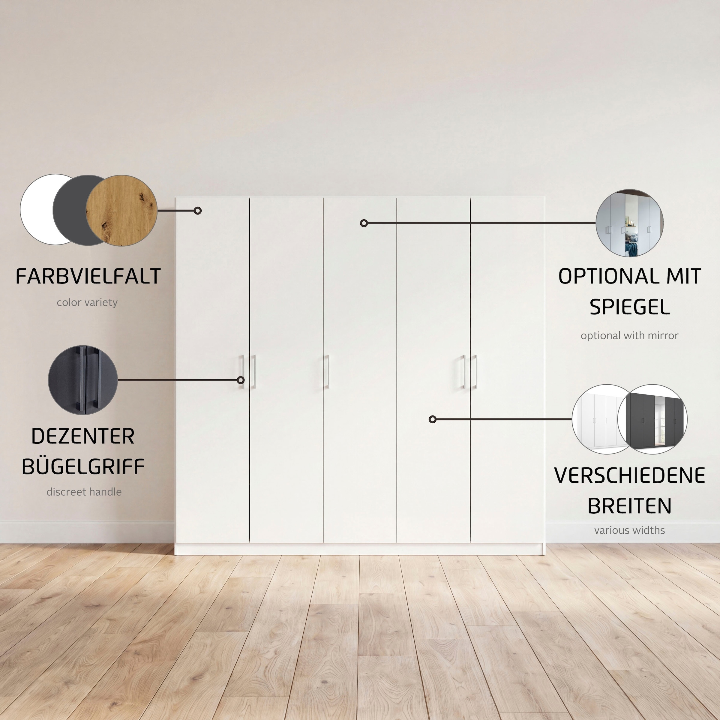rauch Kleiderschrank »Schrank Mehrzweckschrank Garderobenschrank Schlafzimmer Möbel THOR« 3 verschiedene Ausstattungen BASIC/CLASSIC/PREMIUM (inkl. SOFT-CLOSE),  mit farblich passenden, modernen Metallgriffen MADE IN GERMANY