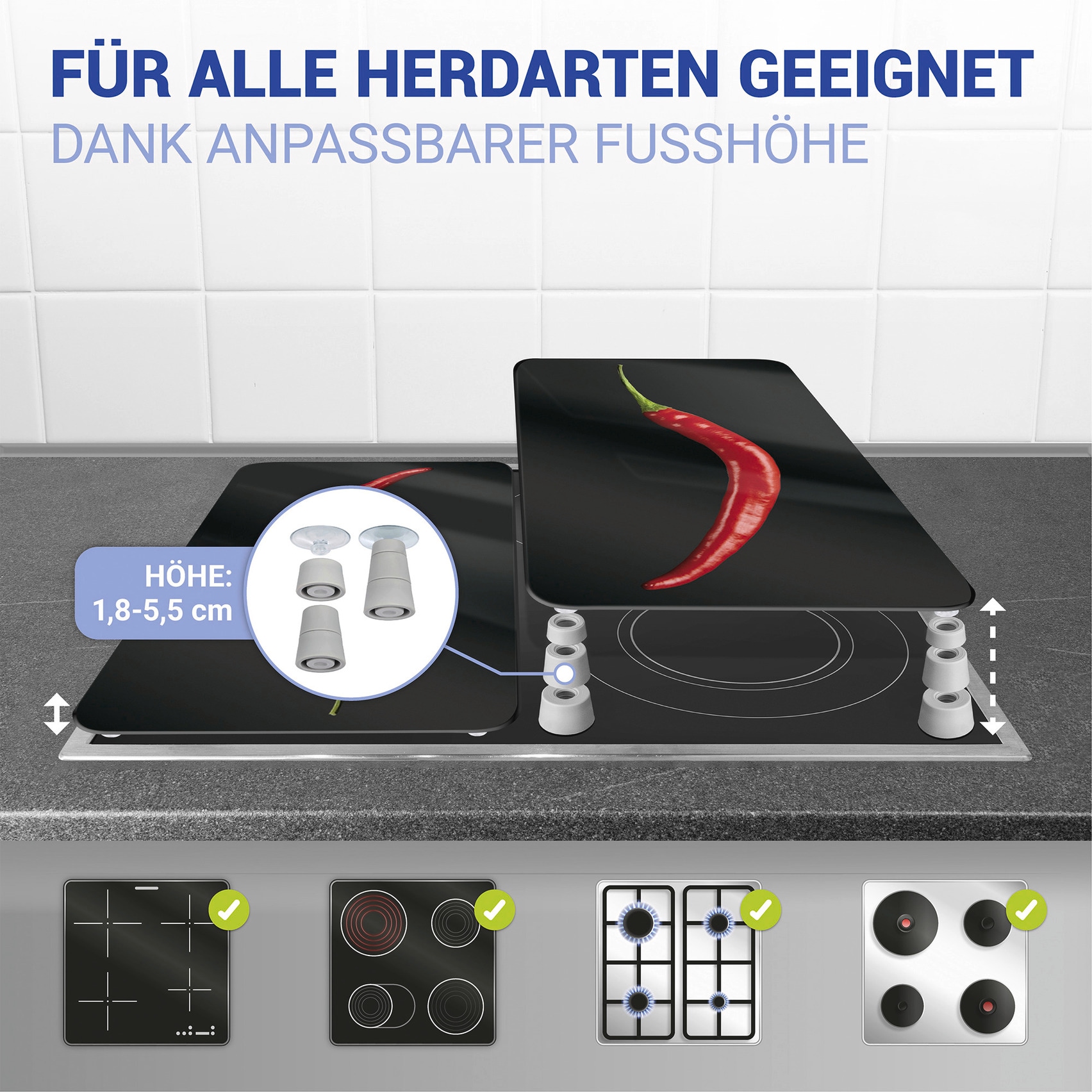 WENKO Herd-Abdeckplatte »Universal Modell Hot Peperoni«, (Set, 2 tlg.), Herdabdeckung für alle Herdarten, kratzfest, mit rutschfesten Füßen
