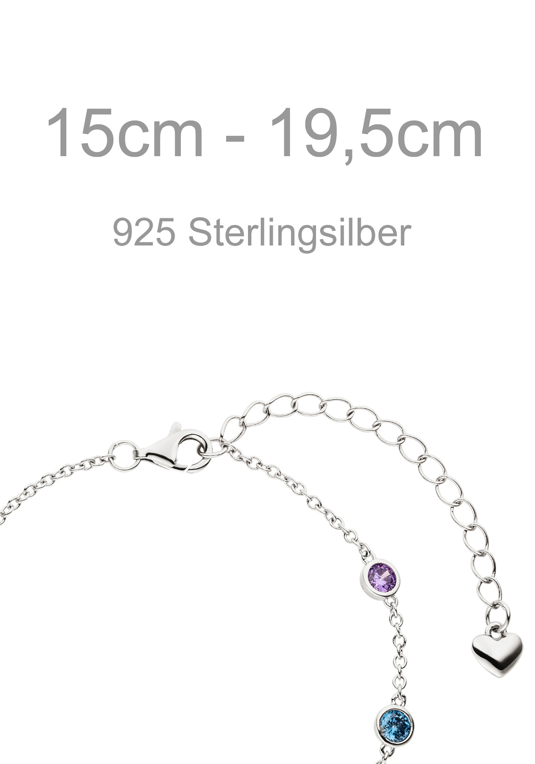 JOBO Silberarmband »Armband Herz 15 cm - 19,5 cm verstellbar« 925 Silber mit 7 bunten Zirkonia
