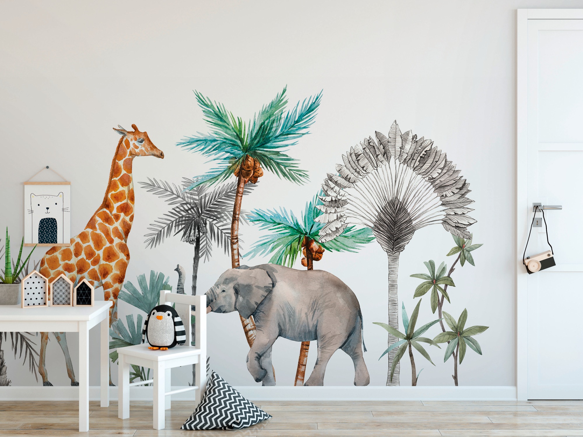 A.S. Création Vliestapete "Fototapete Safari Giraffe & Elefant Aquarelloptik" matt strukturiert