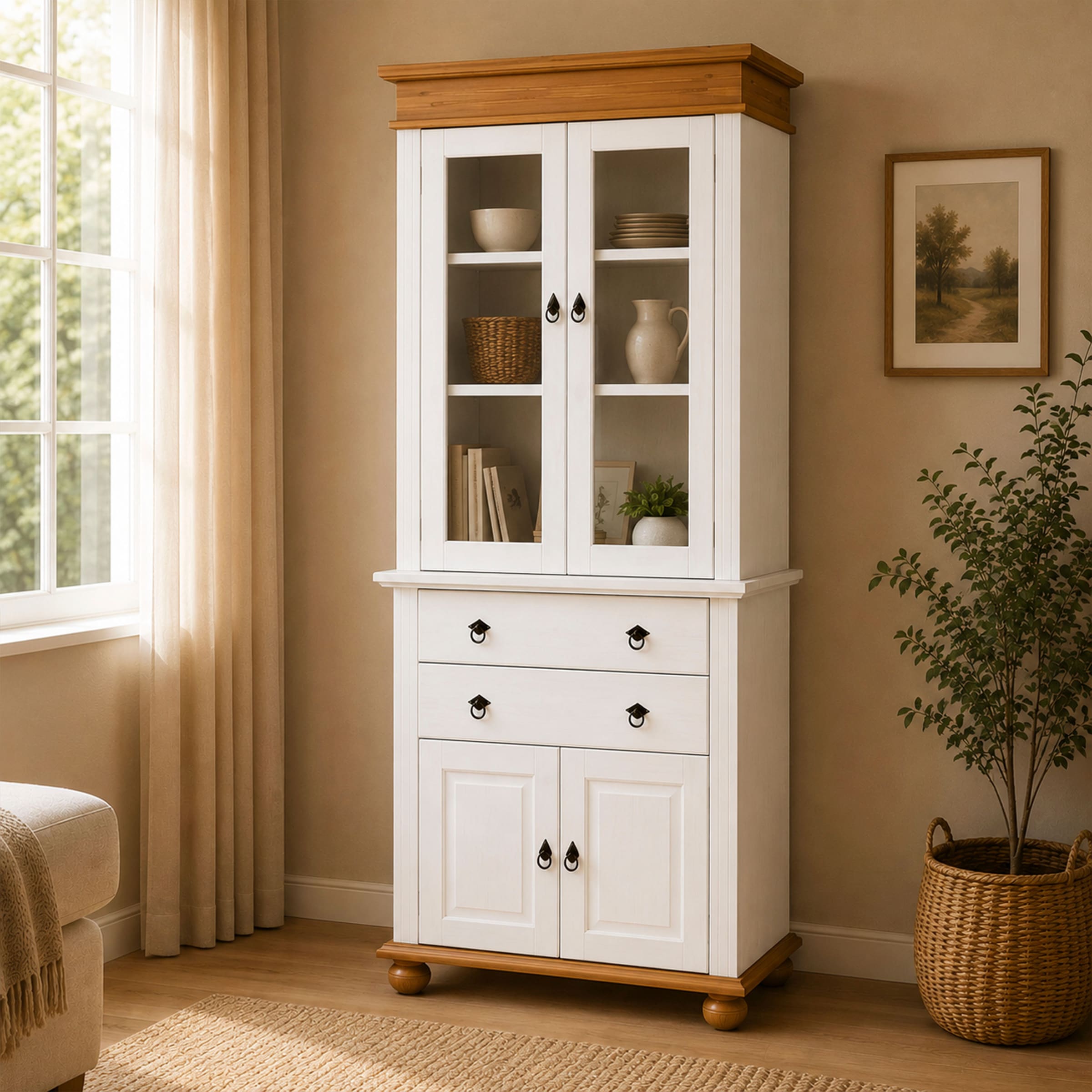 Inter Link Vitrine »Halmaro, Kiefer Massivholz, Weiss/Grau-Lava, 101 x 46,30 x 220 cm« 1 Stk. tlg. Buffet im Laudhausstil, Küchenschrank mit Glastüren, viel Stauraum
