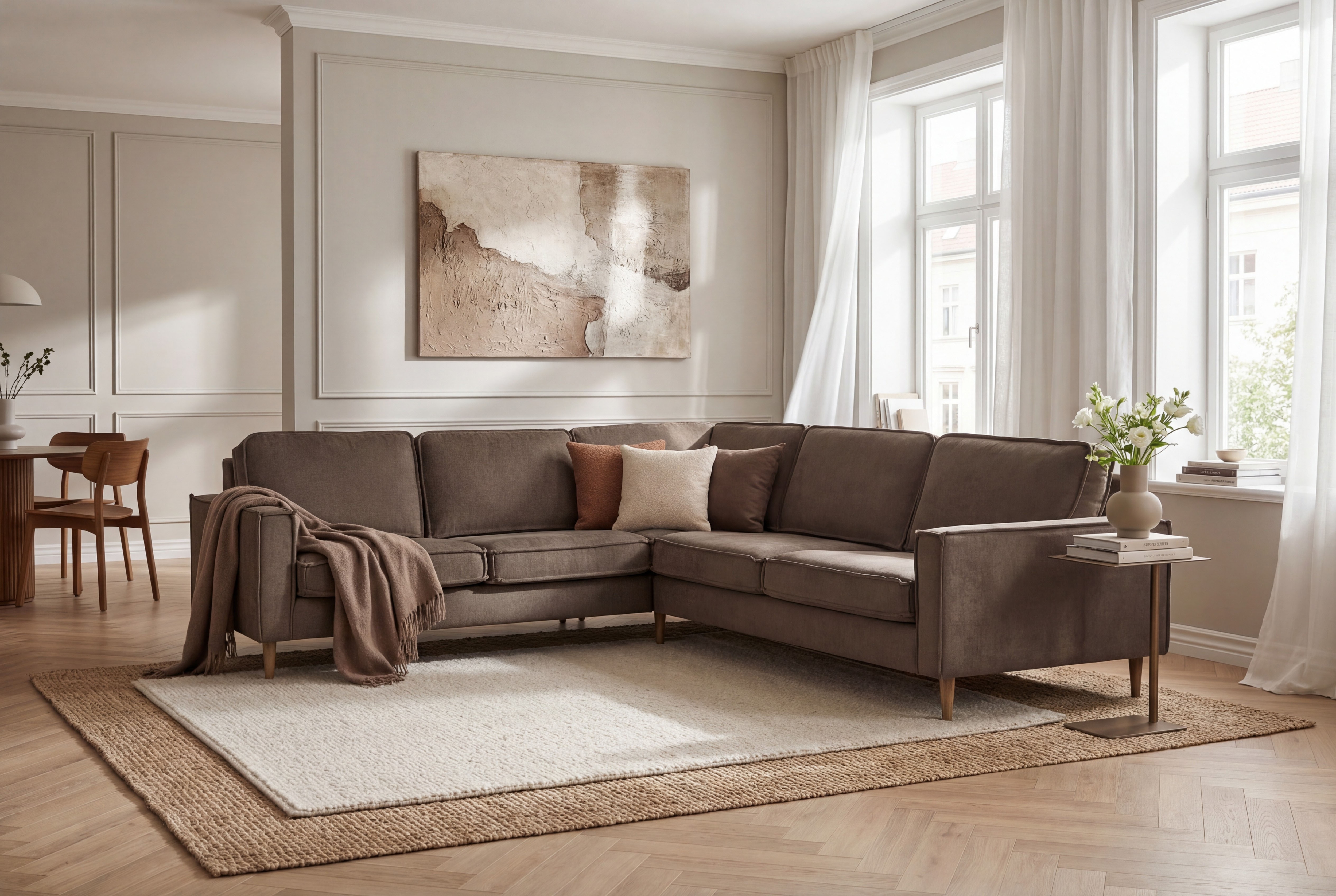 OTTO home Ecksofa "Pinto Skandi, 290 cm, Chenille, Struktur, Ottomane links / rechts" mit Keder, Massivholzfüße Eiche geräuchert, Wellenunterfederung