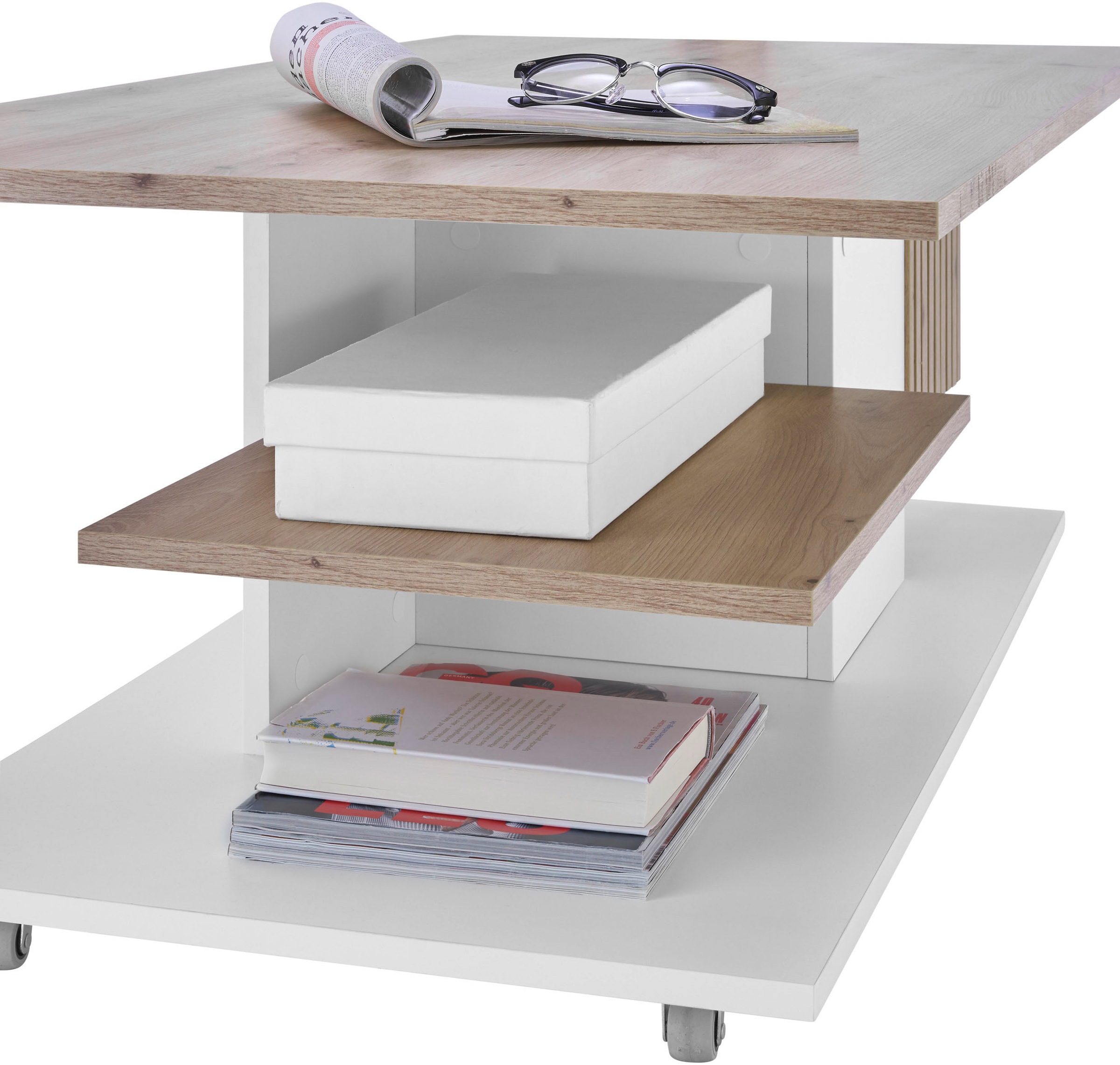 Stolkom Couchtisch »Ally Wohnzimmertisch rollbar Weiß, Artisan Dekor, BxHxT 110x44,5x60 cm«, Schubladenfront mit Lamellen-Optik, Couchtisch rollbar