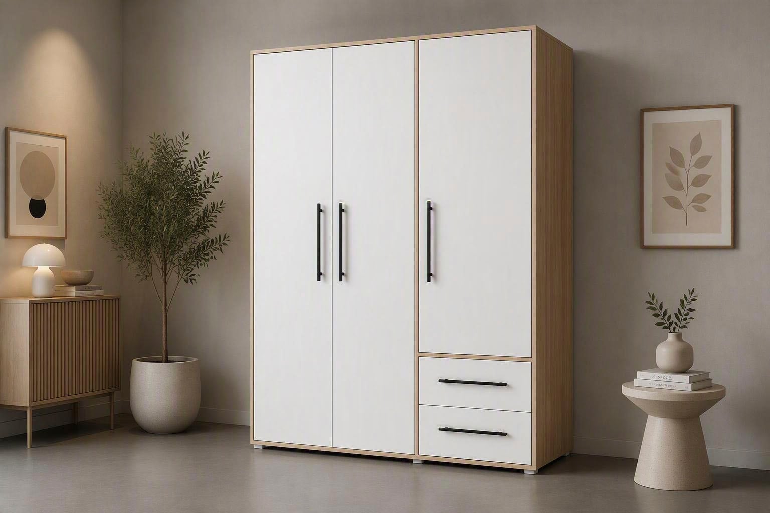 FORTE Kleiderschrank "Mokkaris, Garderobe, zeitloses Design, 3 Türen, Made in Europe" B/H/T ca. 144x200x59cm, Zwei Schubladen, schwarze Stangengriffe, Stauraum, auch in Schwarz
