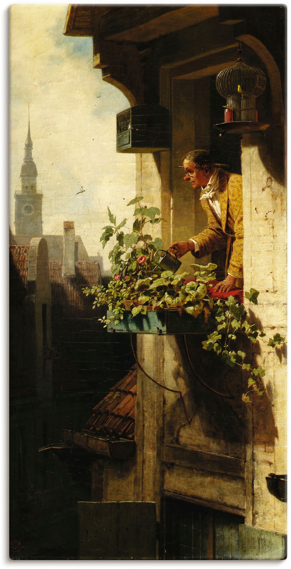 Leinwandbild »Mann beim Gießen des Blumenkastens«, Mann, (1 St.), auf Keilrahmen gespannt
