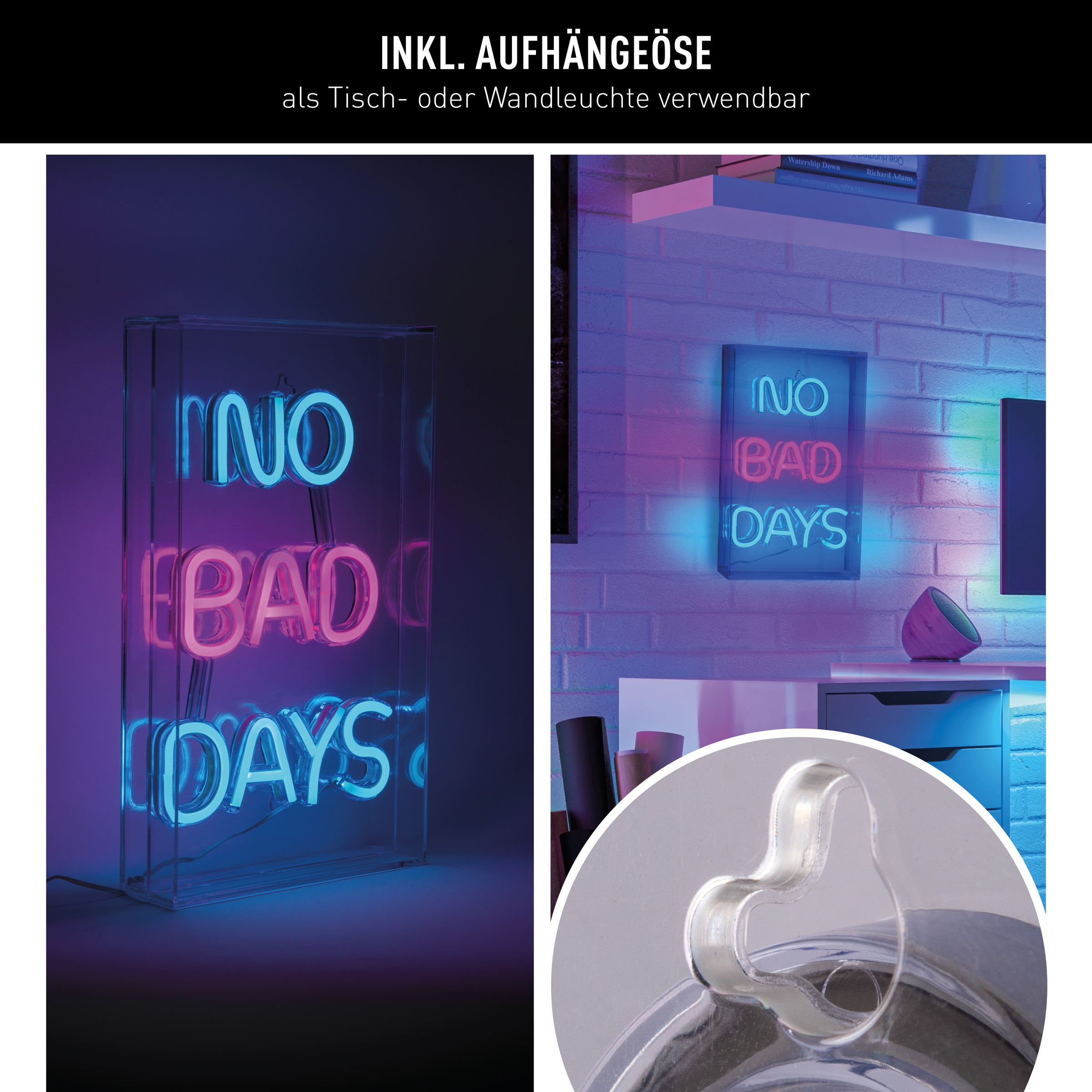 näve LED Dekolicht »NO BAD DAYS«, 1 flammig, Leuchtmittel LED-Modul | LED fest integriert, Schriftzug beleuchtet blau rot, Tisch- Wandfunktion, transparent, USB