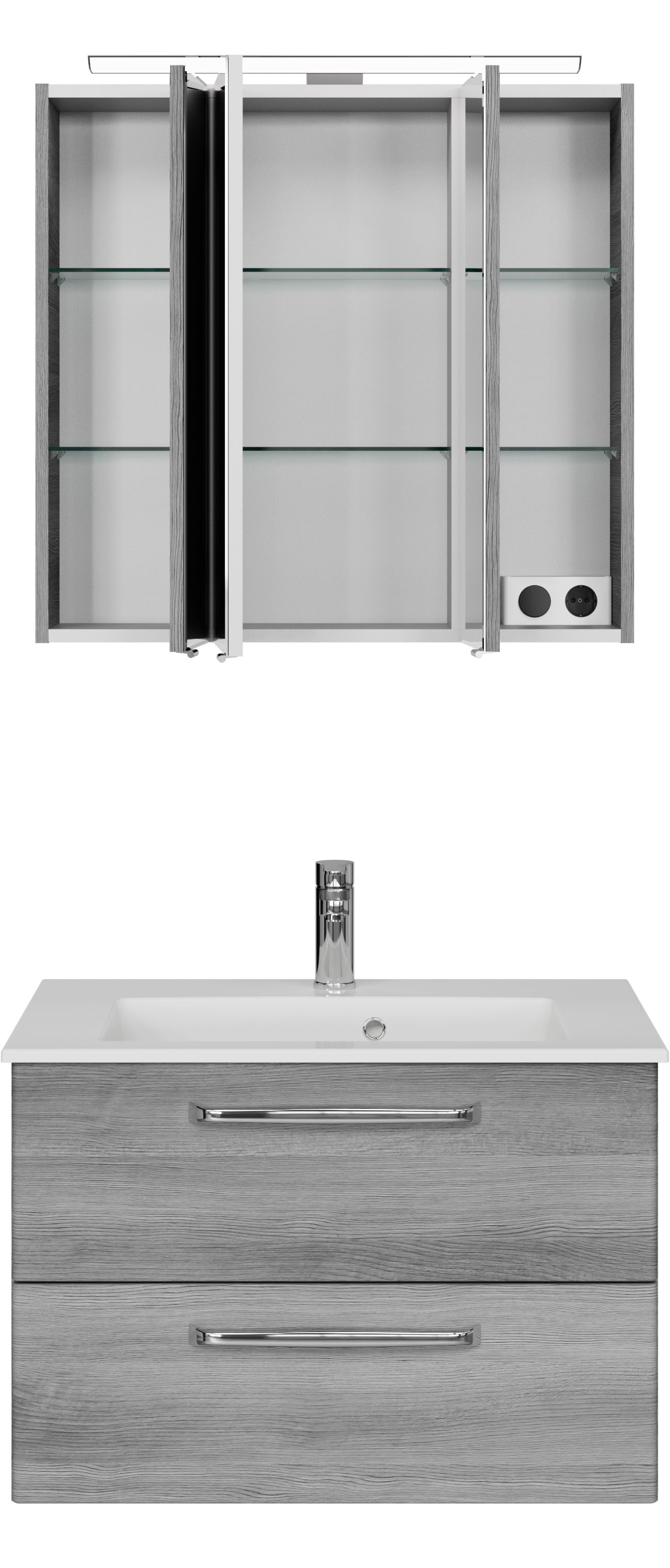 Saphir Badmöbel-Set »Trentino 2-tlg Mineralmarmor-Waschtisch,Spiegelschrank mit LED-Leuchte«, (3 St.), Badmöbel-Set 77cm breit, inkl. Türdämpfer, 3 Türen, 2 Auszügen