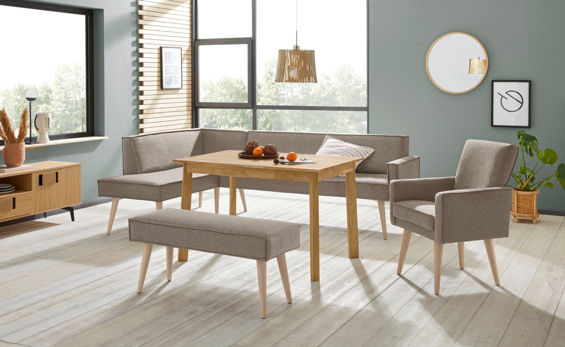exxpo - sofa fashion Eckbank »Lungo, moderne Kedernaht, bequem und elegant, hoher Holzfuß«, hochwertige Detailverarbeitung, frei im Raum stellbar