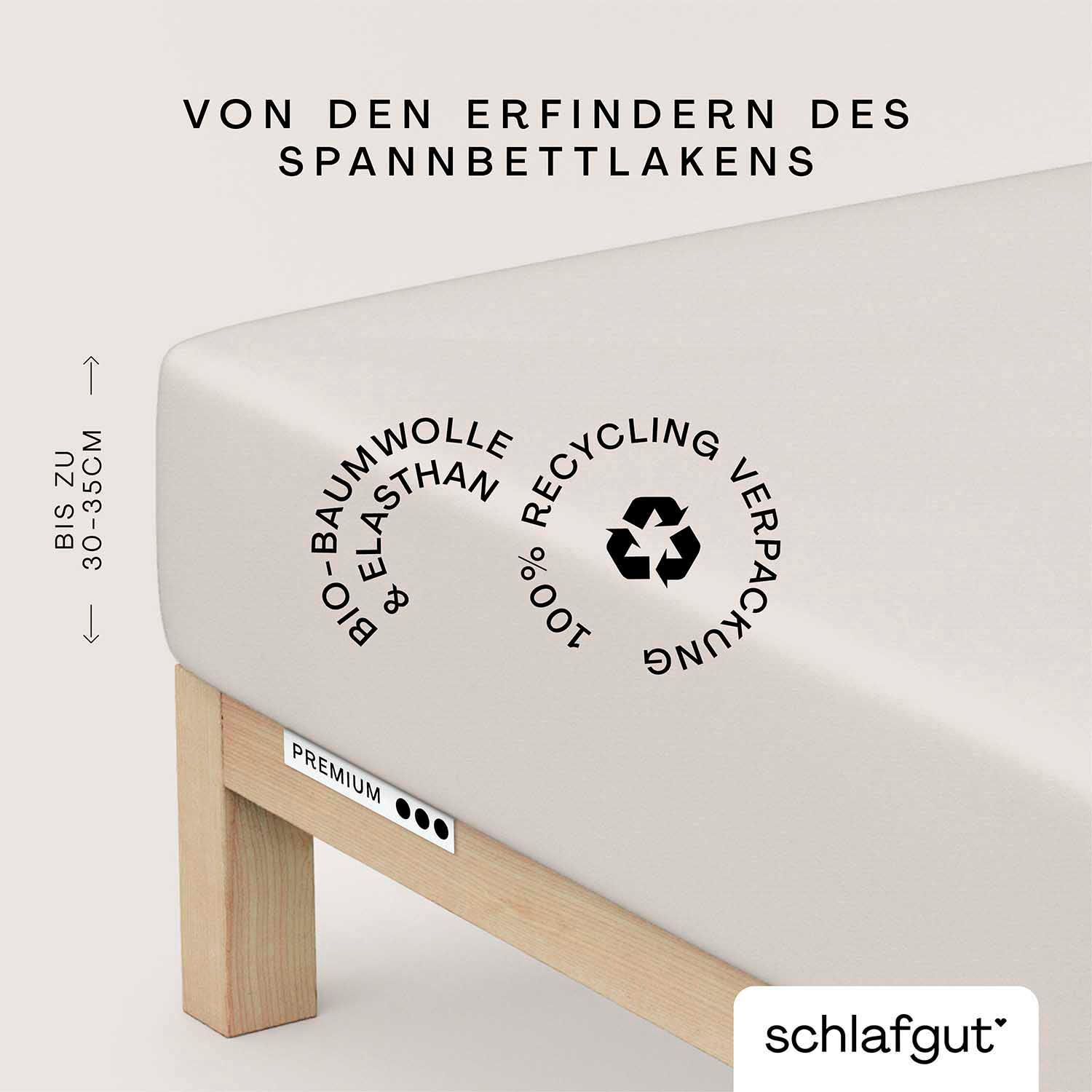 Schlafgut Spannbettlaken "PREMIUM Mako-Zwirn-Jersey, 220 g/m², 95% Bio-Baumwolle, 5% Elasthan" Bettlaken bis 30 cm Höhe, PREMIUM-Qualität langlebig, perfekter Sitz