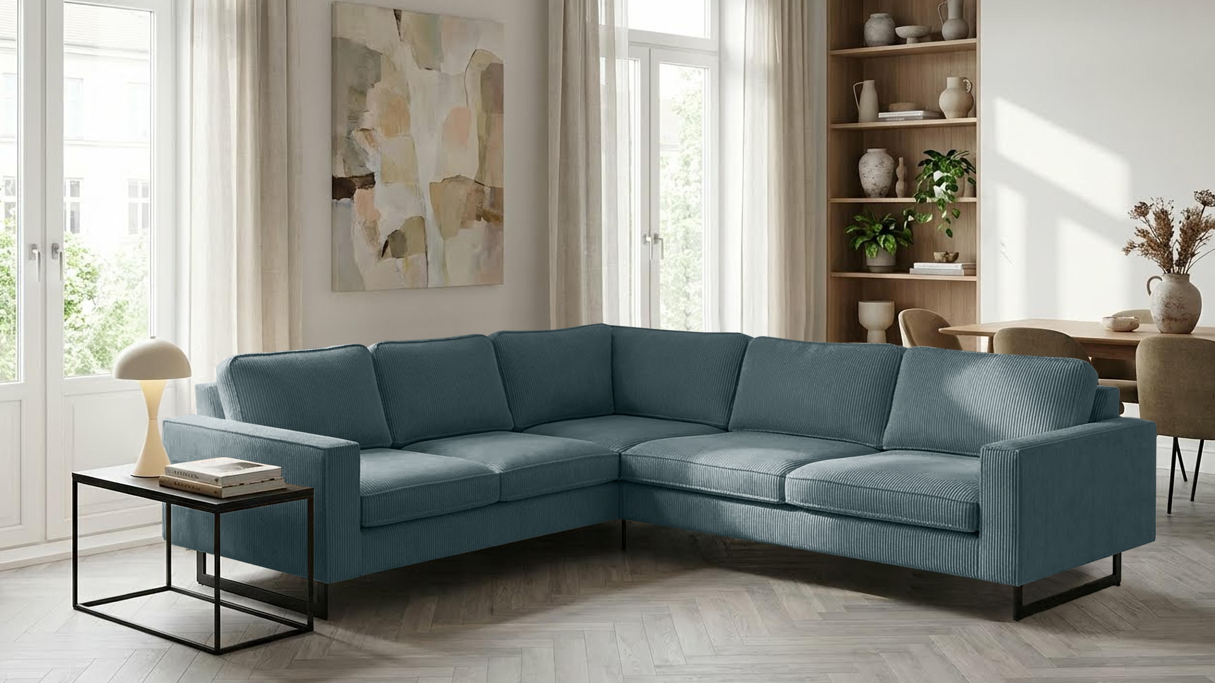 OTTO home Ecksofa "Pinto, XXL, 250/290 cm, langer Schenkel, Ottomane" Cord, Chenille, Lederoptik, mit Keder, Metallfüße, Wellenunterfederung
