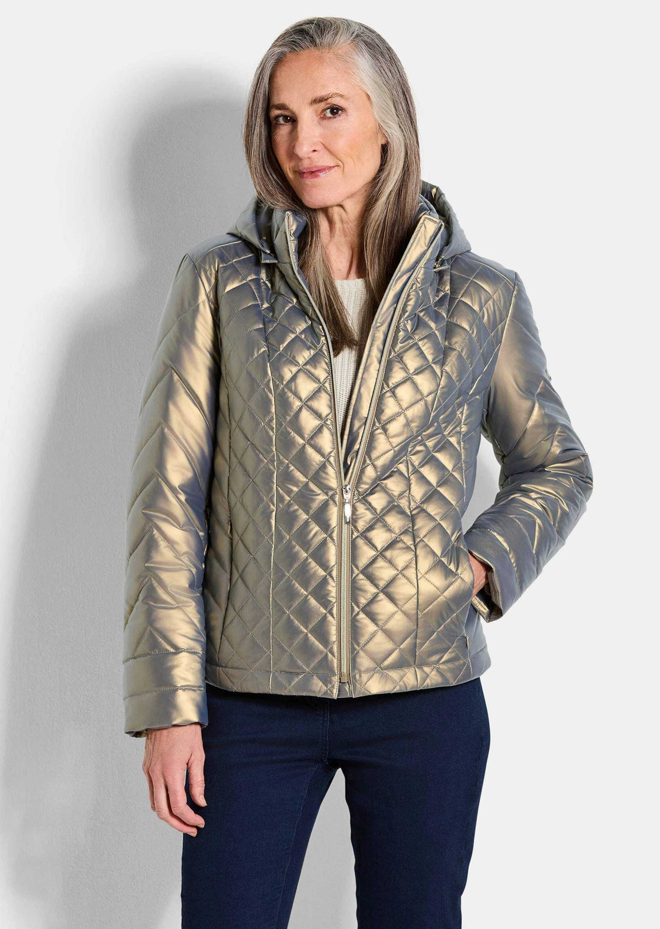 Steppjacke GOLDNER "Steppjacke im Metallic-Look", Damen, Gr. 44, gold (goldfarben), Obermaterial: 100% Polyamid PA., figurumspielend, Jacken Steppjacke, abnehmbare Kapuze 2