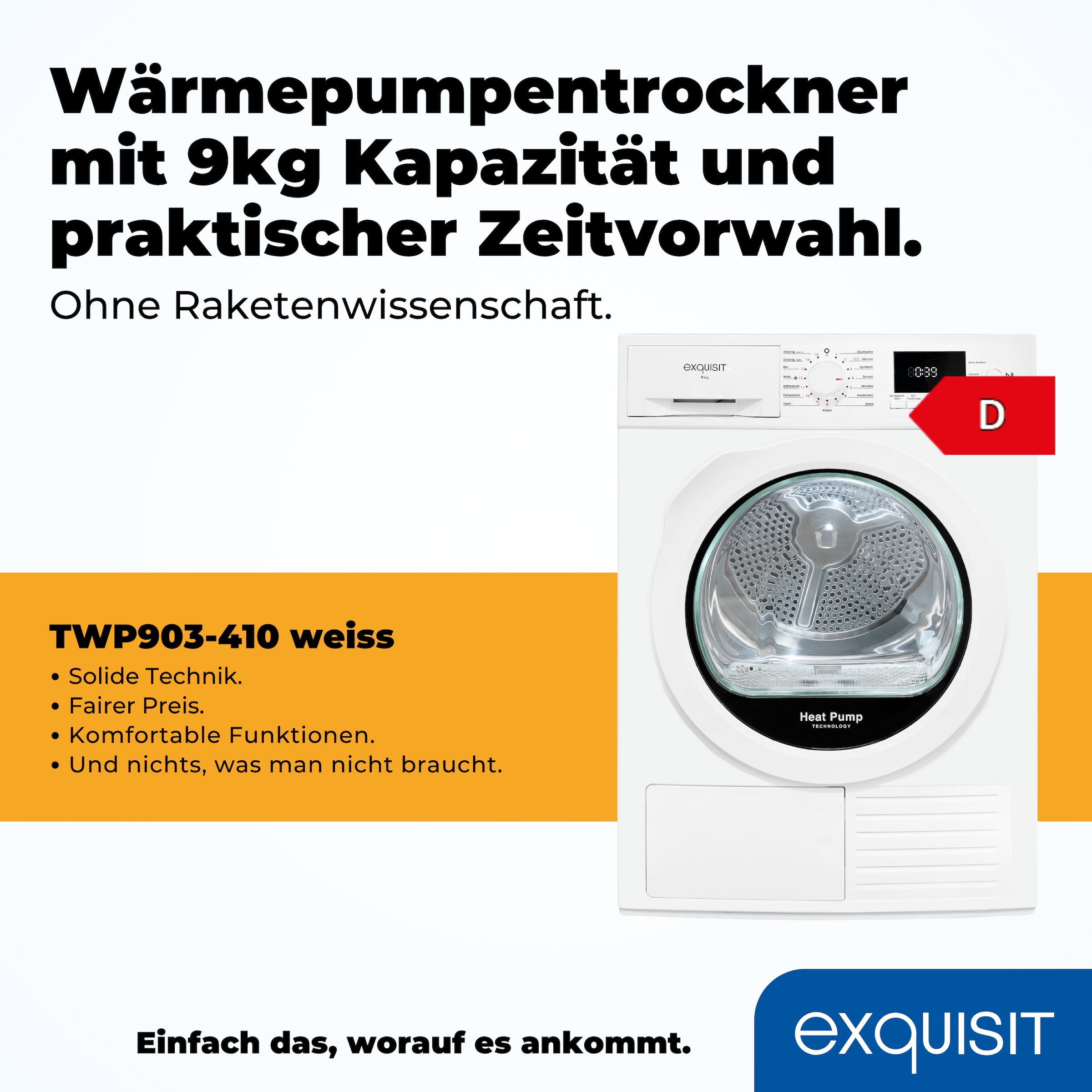 exquisit Wärmepumpentrockner »TWP903-410 weiss« Digitales Display, Schon-Schuhfach & herausnehmbarer Flusenfilter