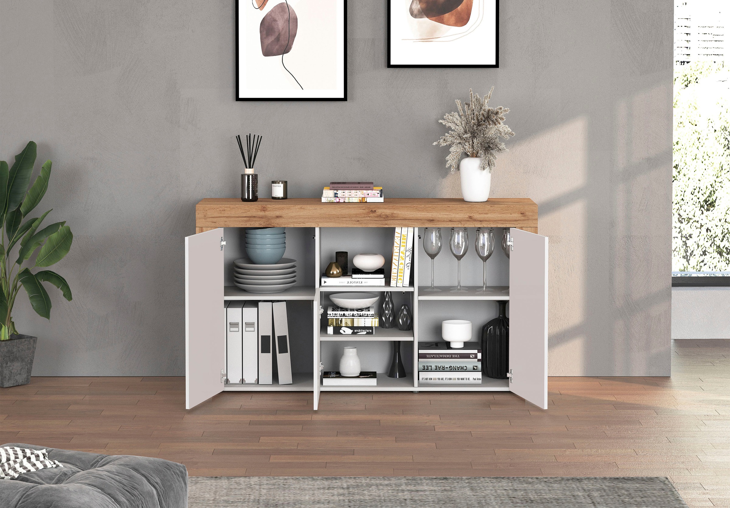 OTTO home Sideboard »CHRONOS Breite 155 cm mit 3 Türen, 1 offenes und 6 geschlossene Fächer« 1 Stk. tlg. Sideboard,Kommode, Schrank, Grifflos mit Push to Open, Made in Italy