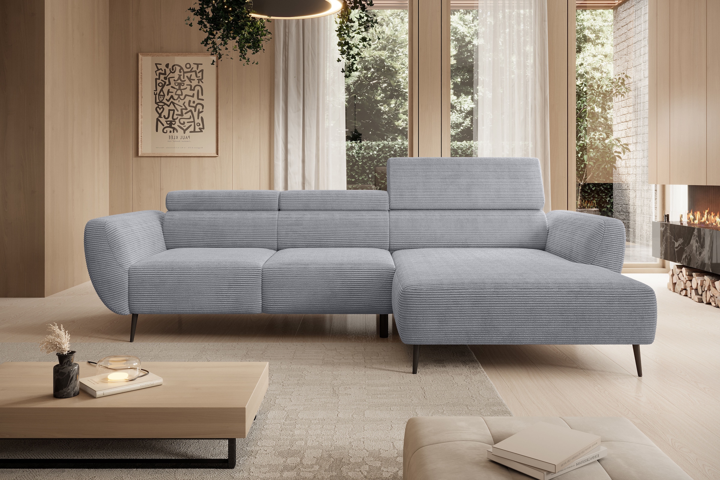 WERK2 Ecksofa "Alisson 277 x 174 cm modern und bequem" Cord, L-Form, XXL, elektrische Sitztiefenverstellung, Schlaffunktion